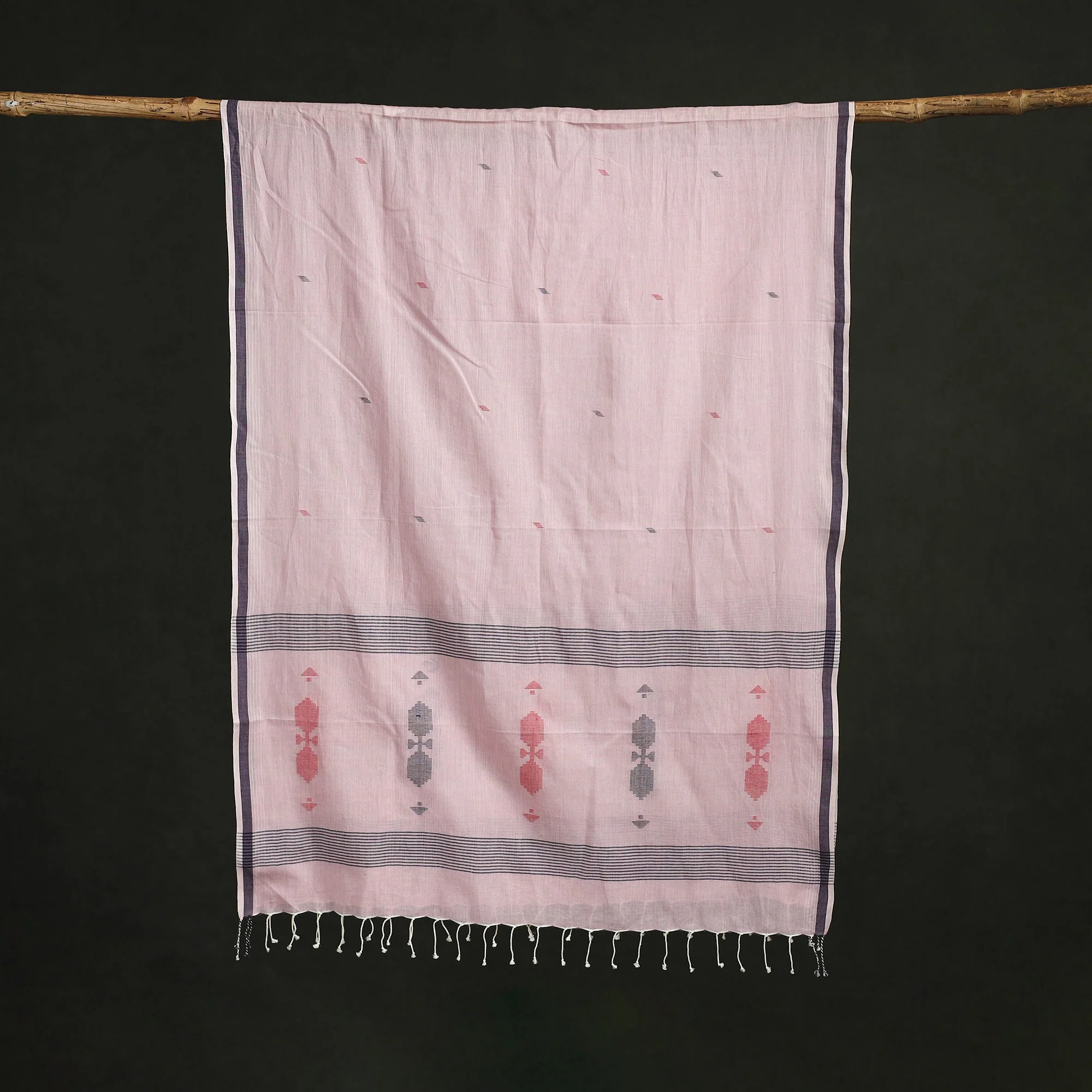 Pink - Handloom Cotton Burdwan Jamdani Stole with Tassels 22 - Image 3