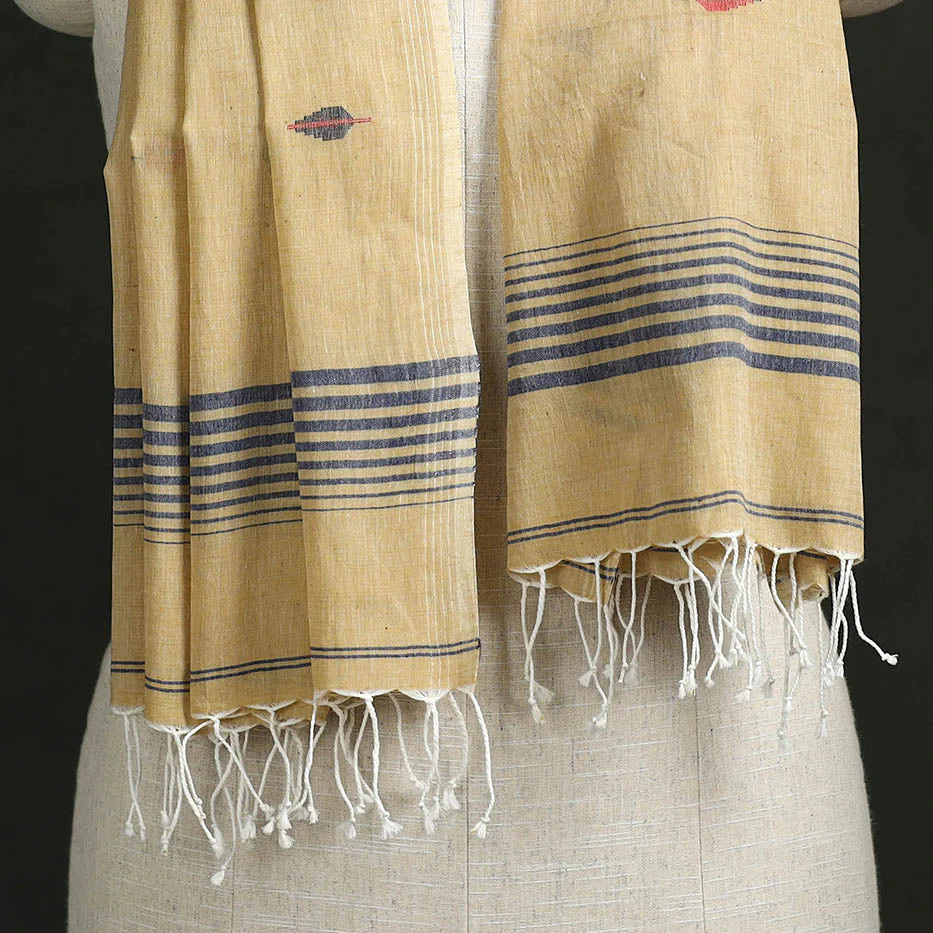 Beige - Handloom Cotton Burdwan Jamdani Stole with Tassels 25 - Image 2