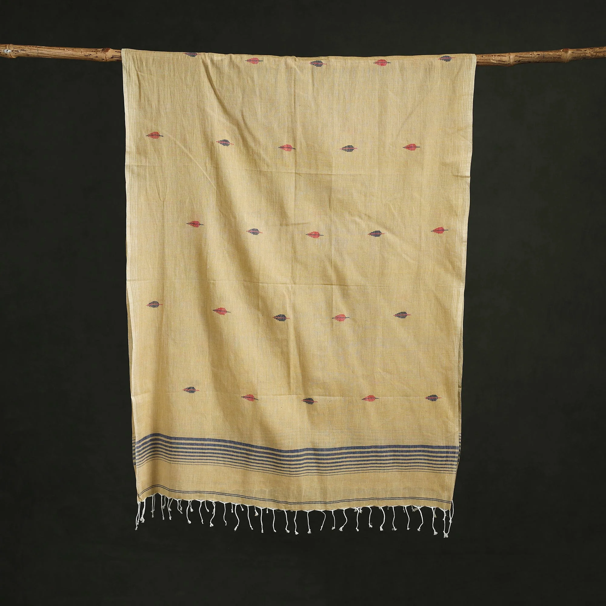 Beige - Handloom Cotton Burdwan Jamdani Stole with Tassels 25 - Image 3