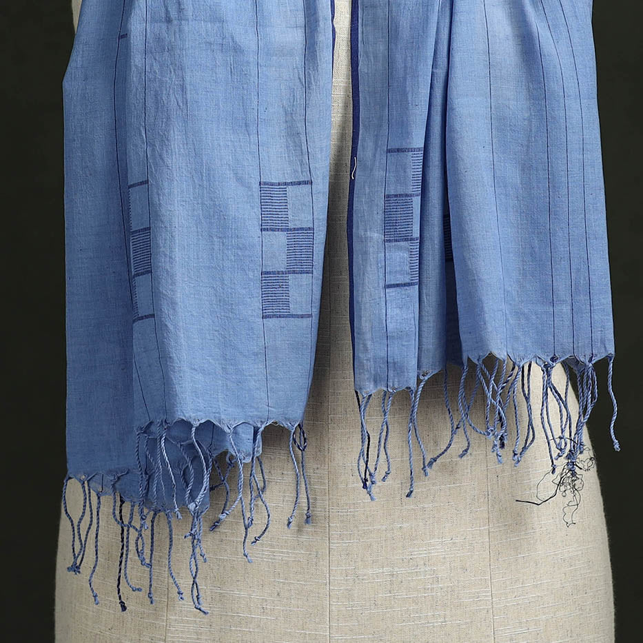 Blue - Handloom Cotton Burdwan Jamdani Stole with Tassels 39 - Image 2