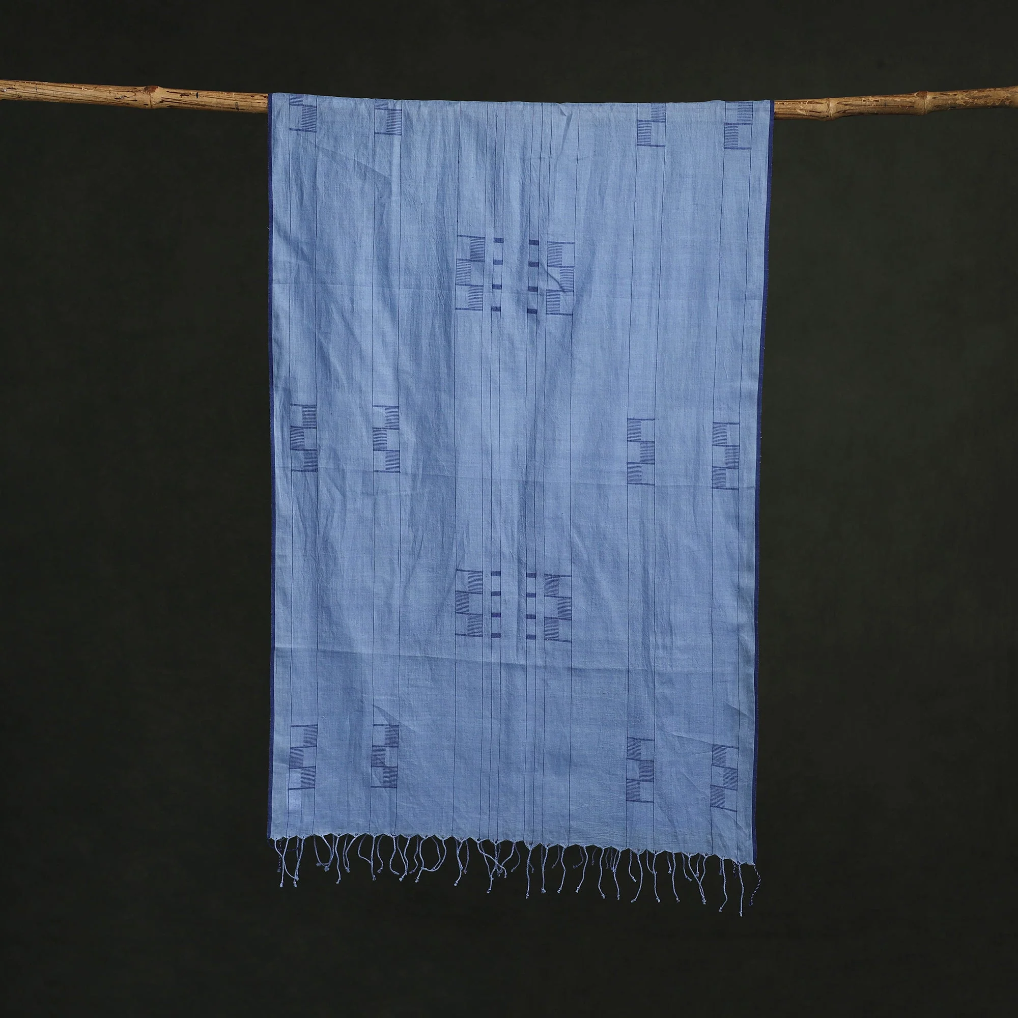 Blue - Handloom Cotton Burdwan Jamdani Stole with Tassels 39 - Image 3