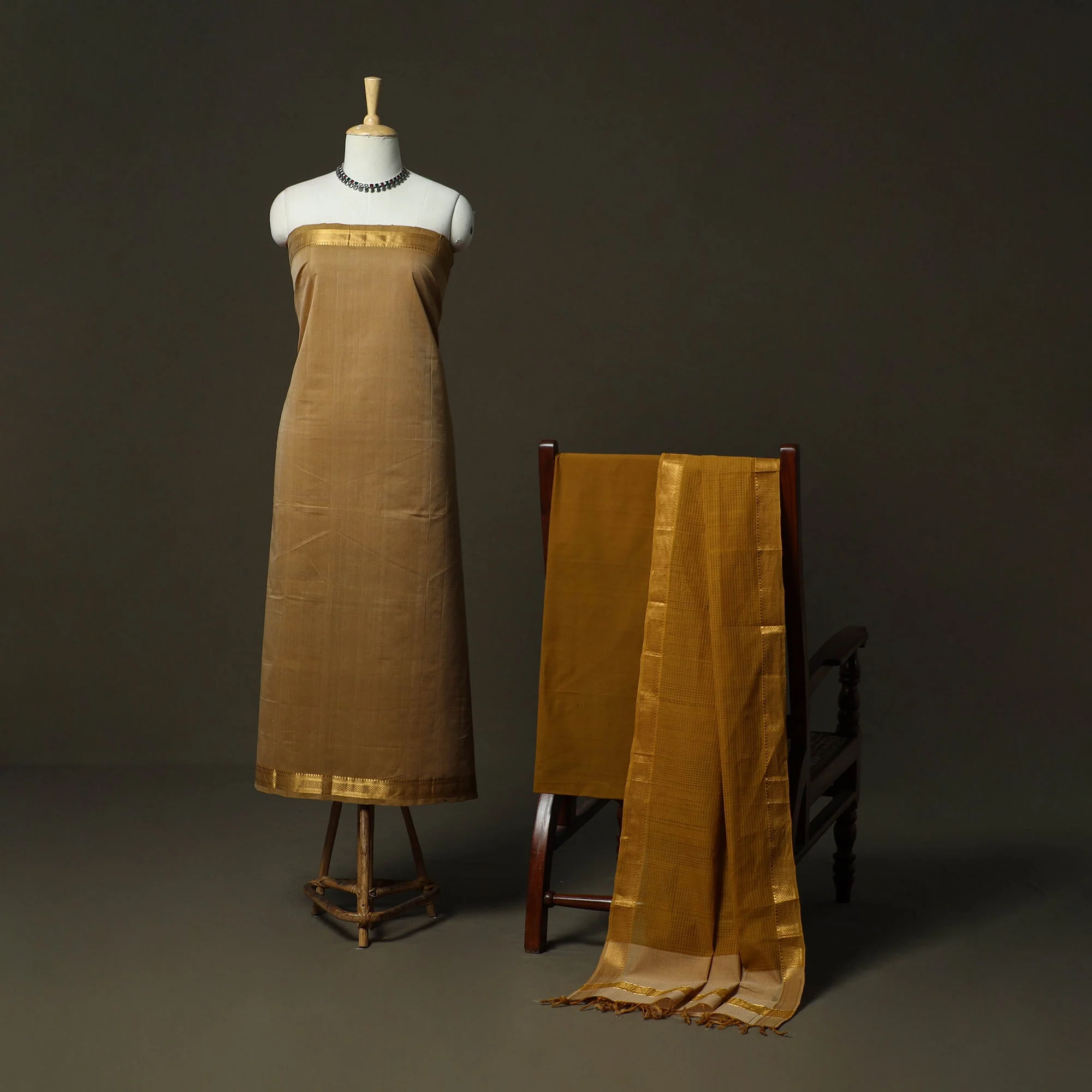 Brown - Handloom Cotton Mangalagiri 3pc Unstitched Dress Material 13