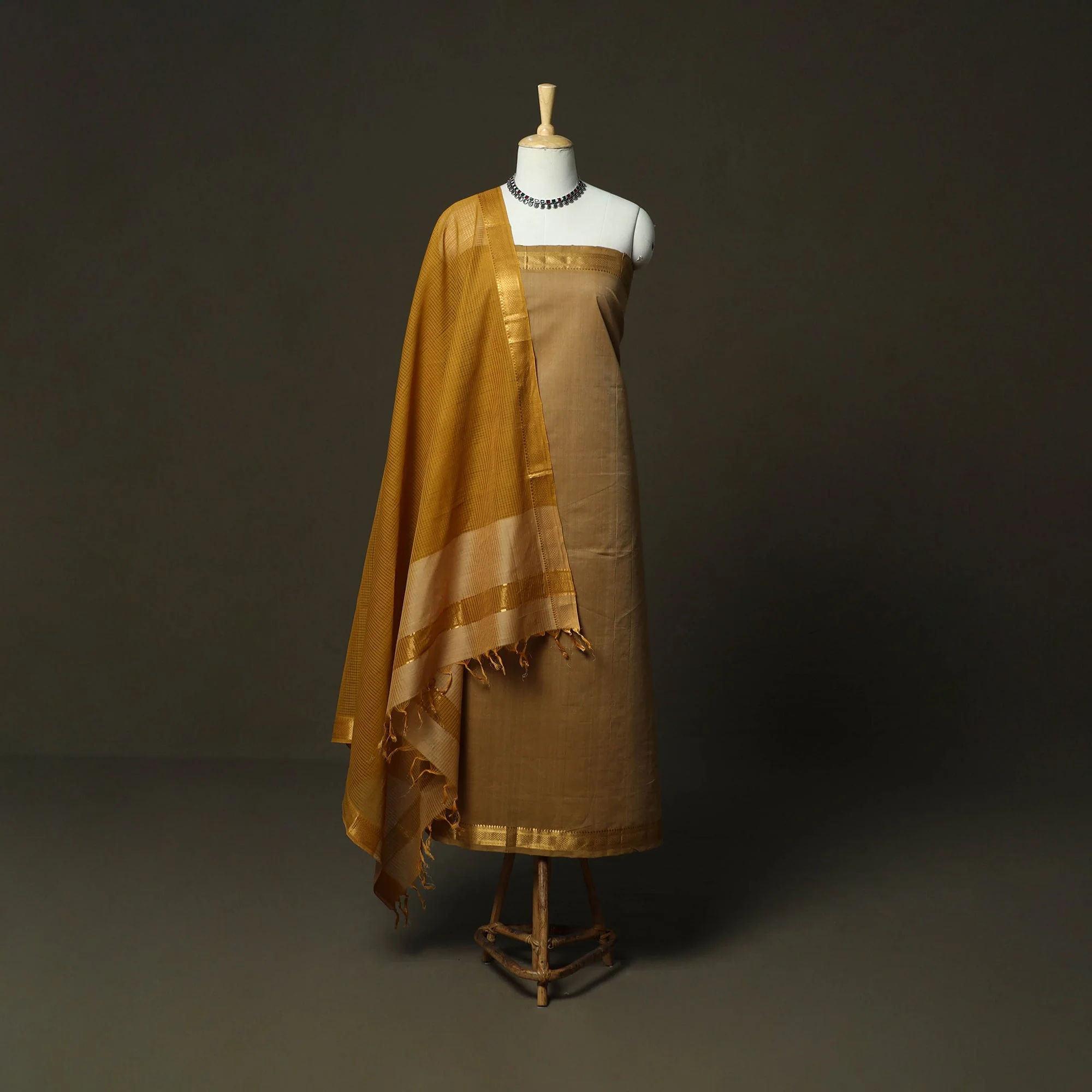 Brown - Handloom Cotton Mangalagiri 3pc Unstitched Dress Material 13 - Image 2