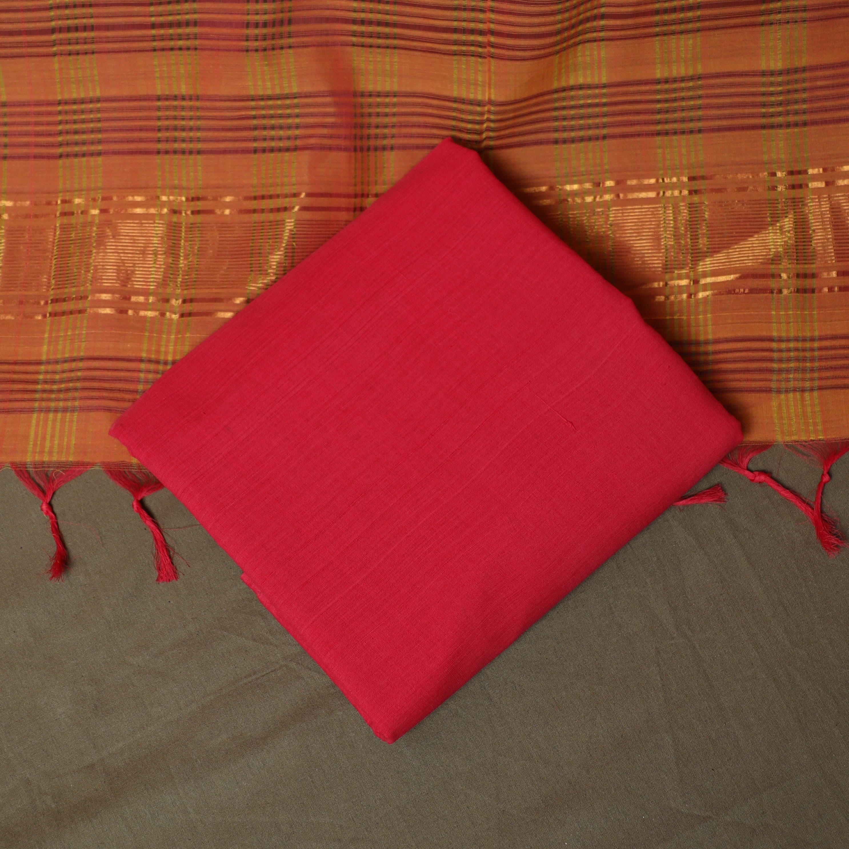 Orange - Handloom Cotton Mangalagiri 3pc Unstitched Dress Material 45 - Image 5