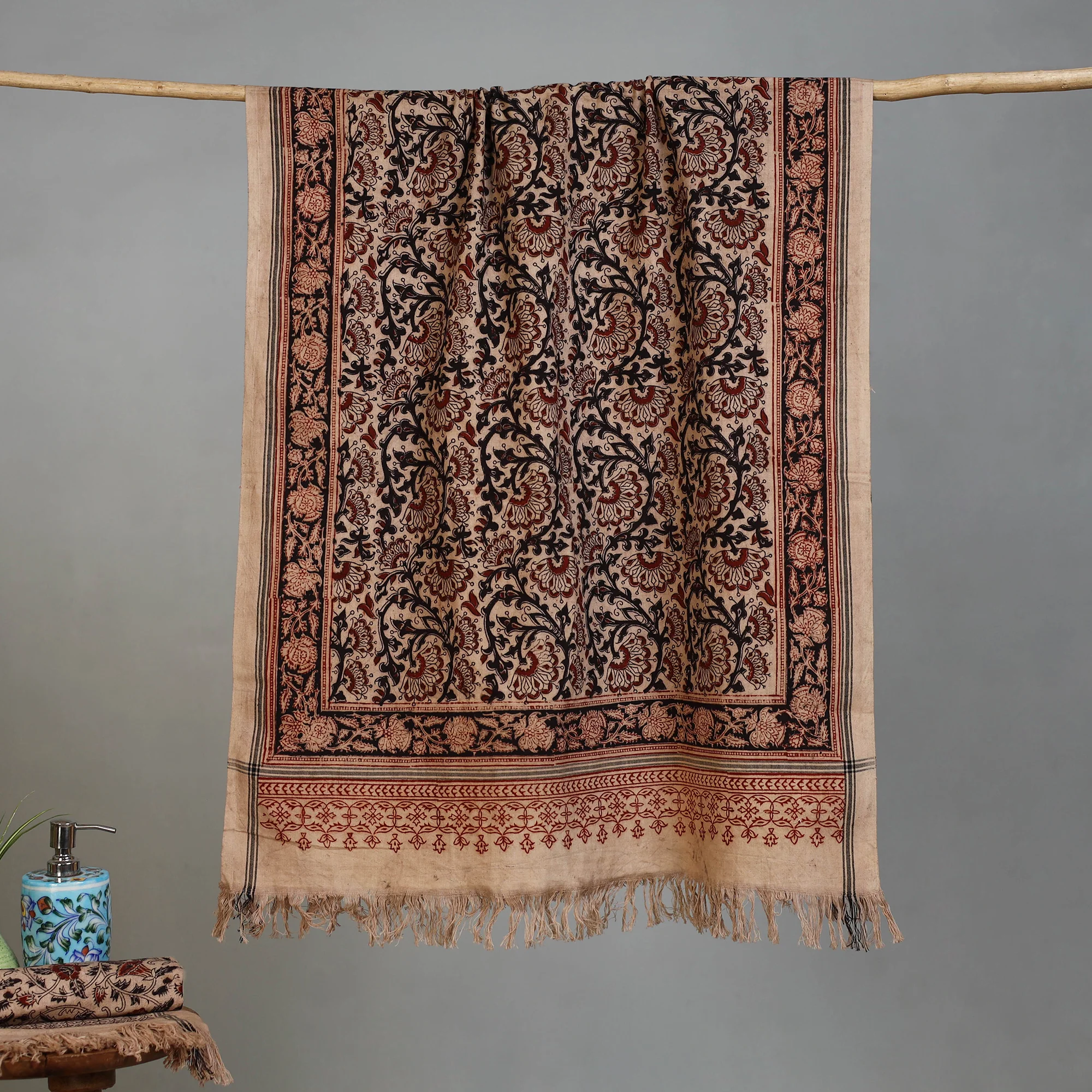 Beige - Handloom Cotton Natural Dyed Block Print Pedana Kalamkari Towel 15