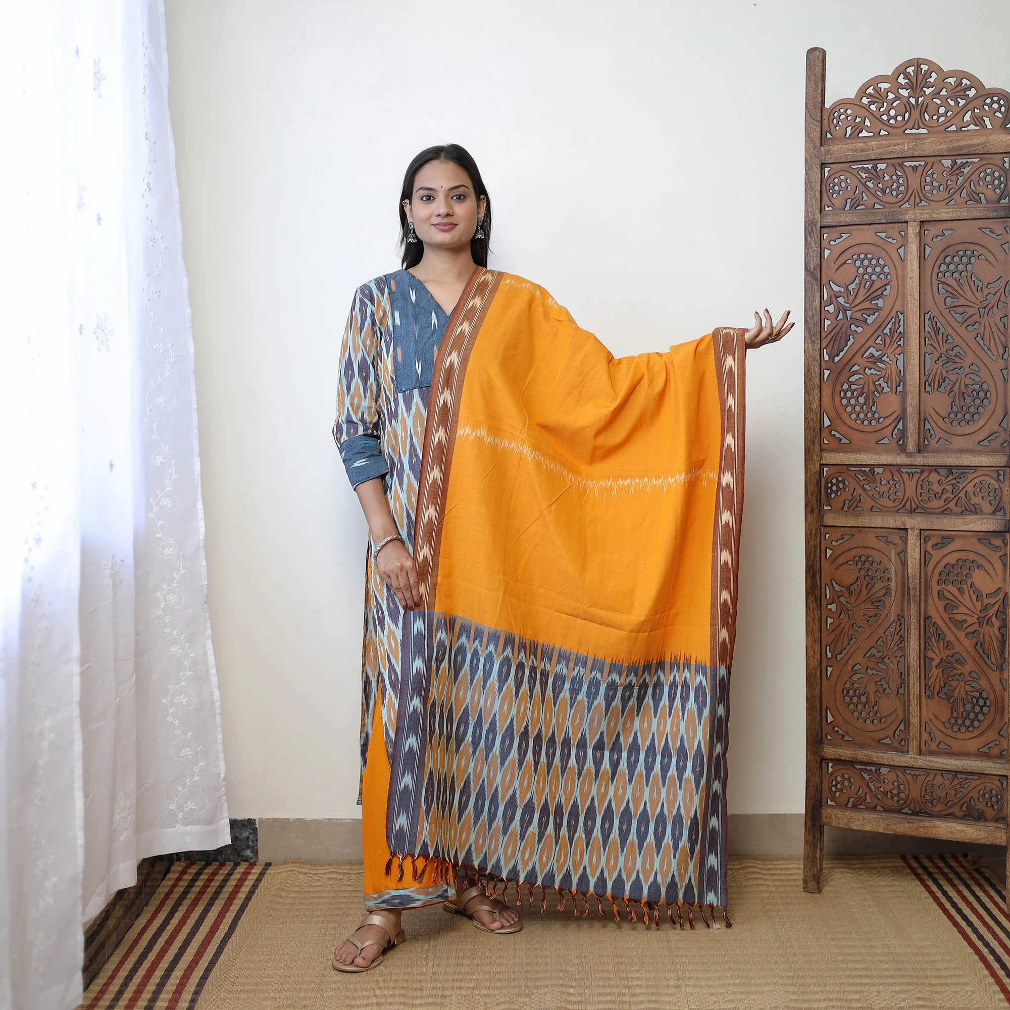 Multicolor - Handloom Cotton Pochampally Ikat Kurta Set 14 - Image 2