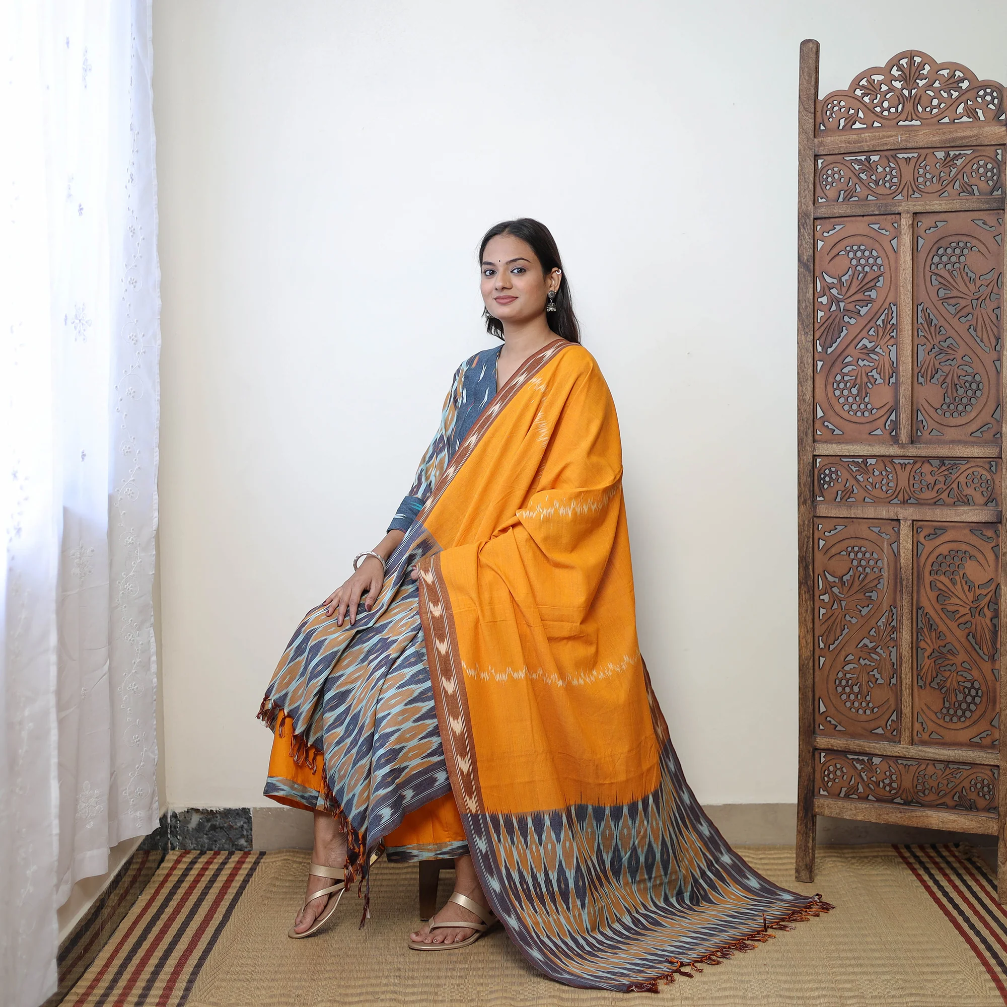 Multicolor - Handloom Cotton Pochampally Ikat Kurta Set 14 - Image 3