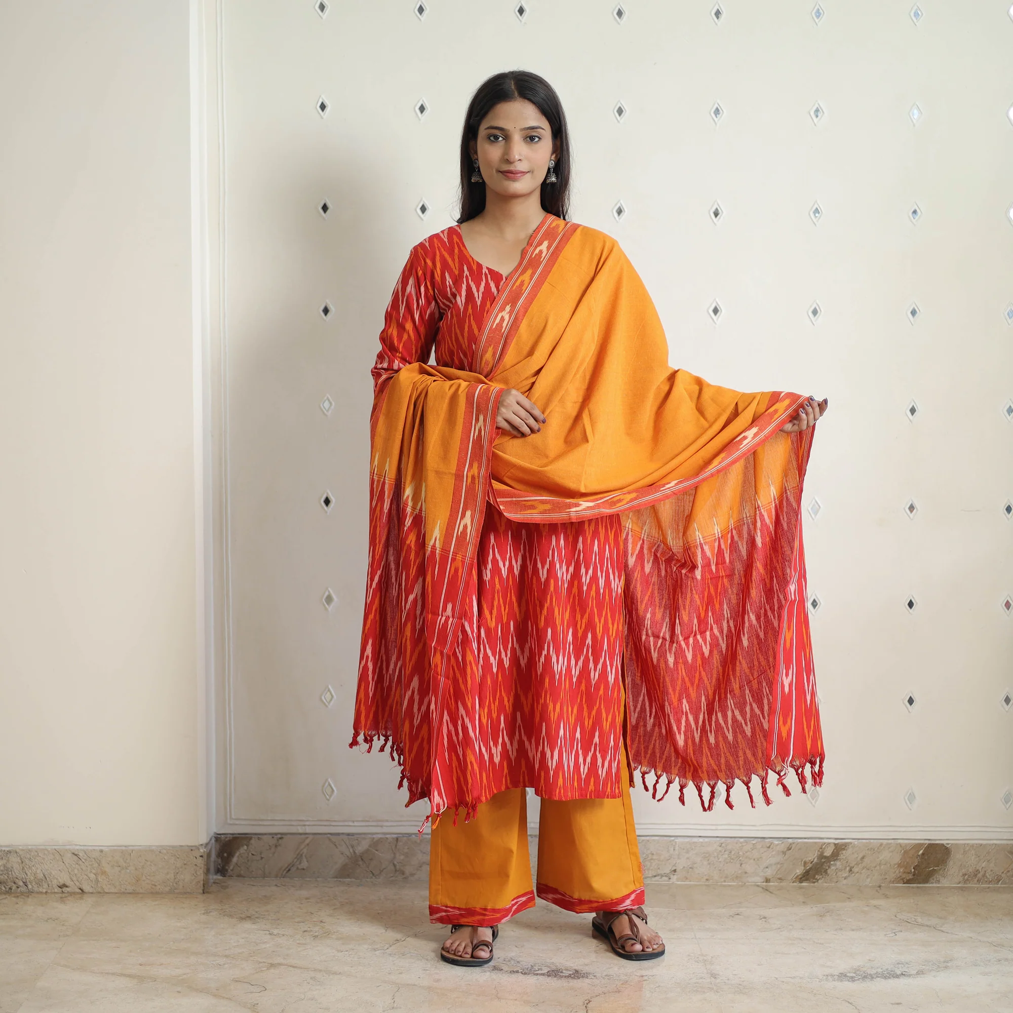 Red - Handloom Cotton Pochampally Ikat Kurta Set 24 - Image 2