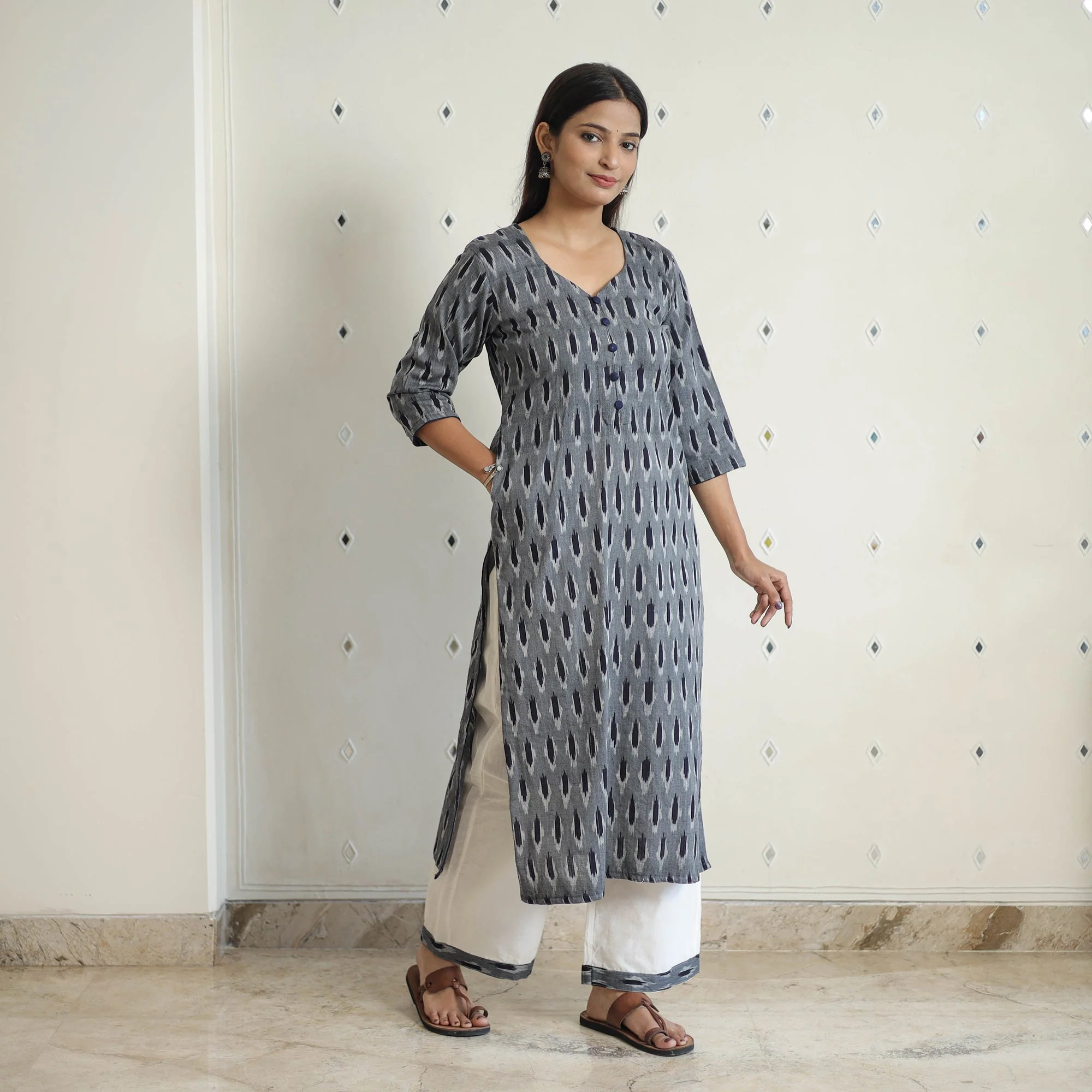 Grey - Handloom Cotton Pochampally Ikat Kurta Set 25 - Image 5