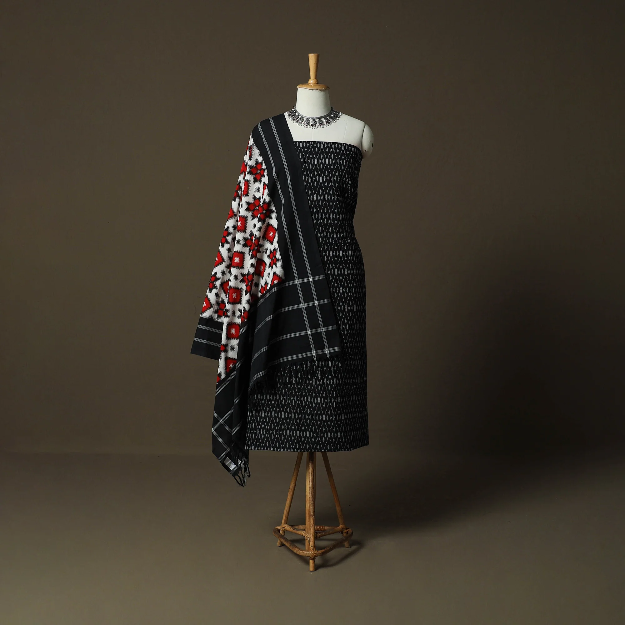 Black - Handloom Mercerised Cotton Pochampally Ikat 2pc Unstitched Dress Material Kurta Set 29
