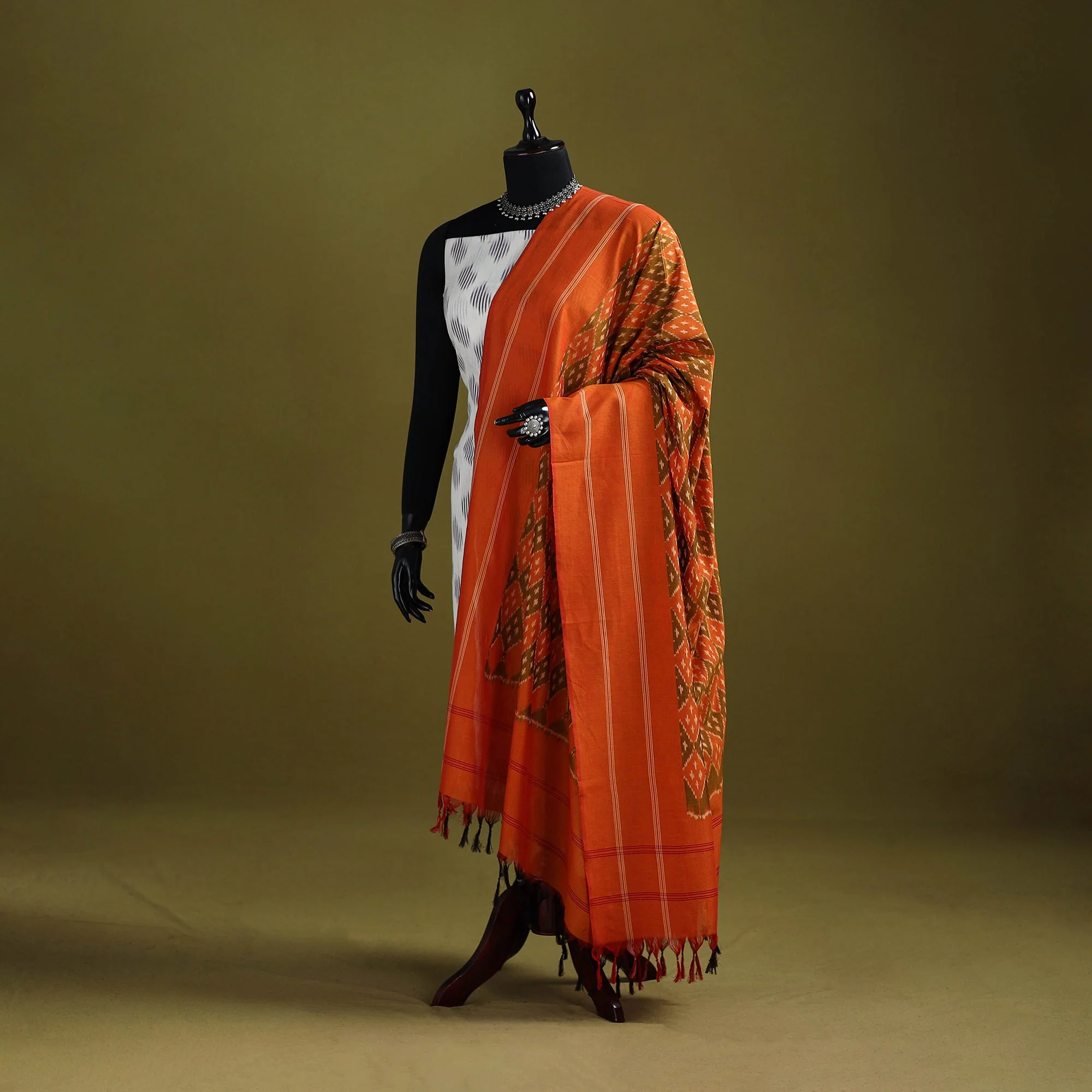 Orange - Handloom Mercerised Cotton Pochampally Ikat Dupatta 01