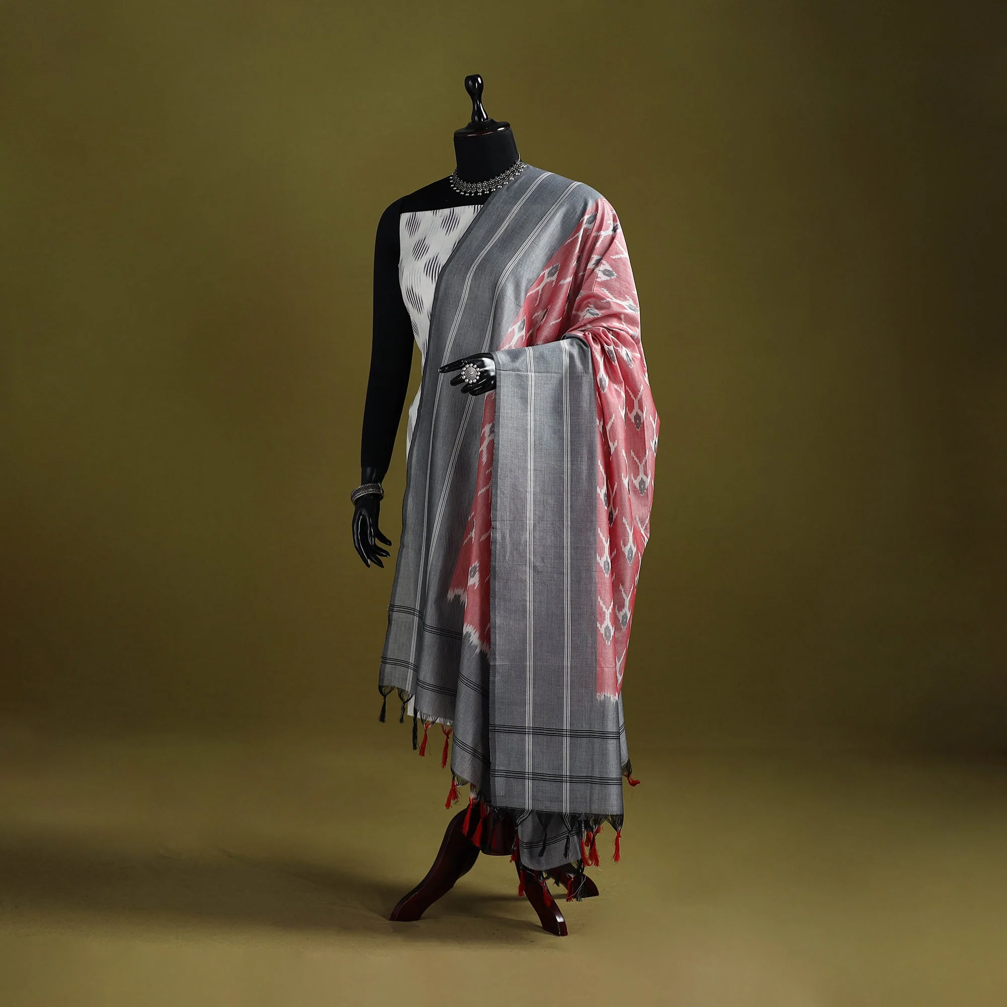 Pink - Handloom Mercerised Cotton Pochampally Ikat Dupatta 07