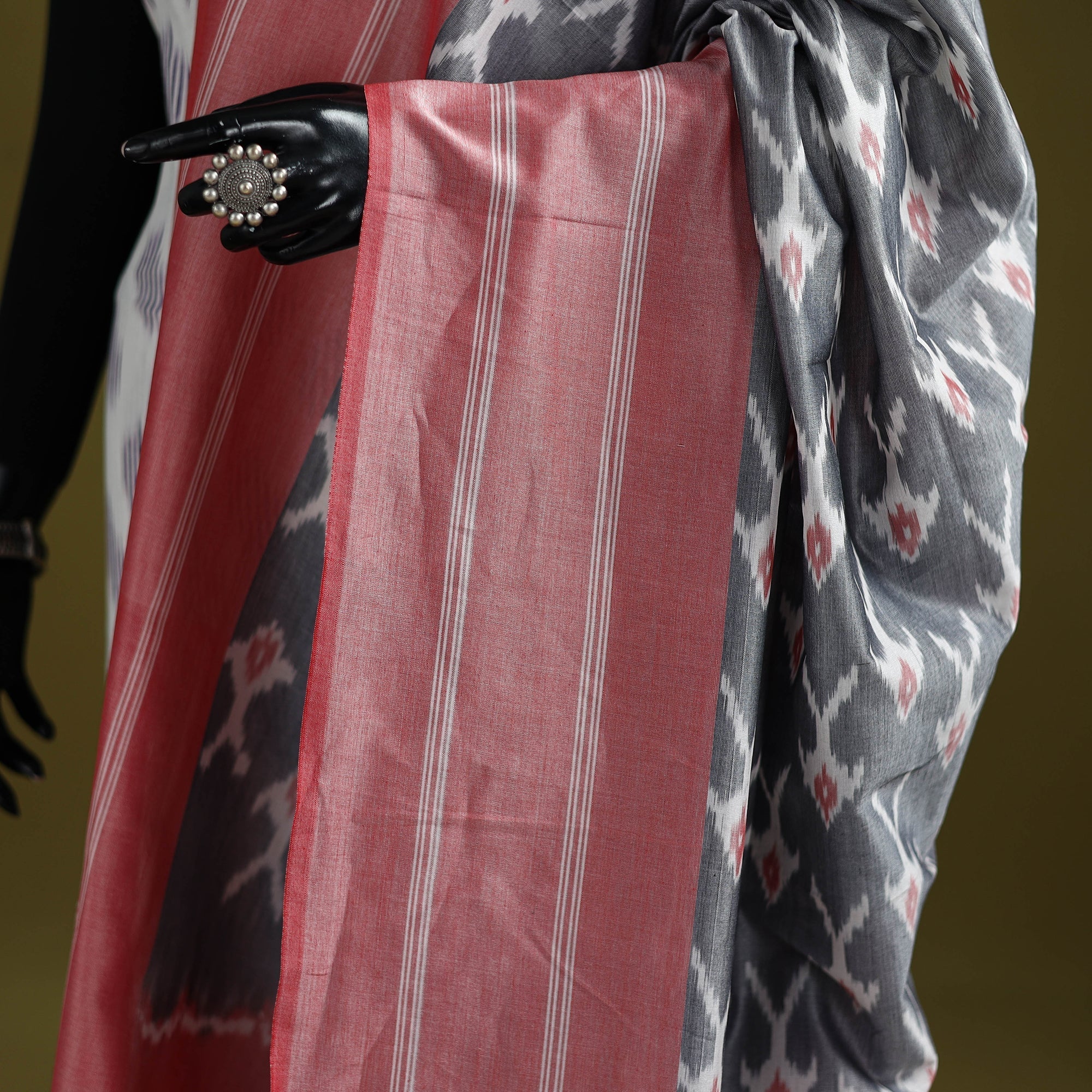 Grey - Handloom Mercerised Cotton Pochampally Ikat Dupatta 13 - Image 3