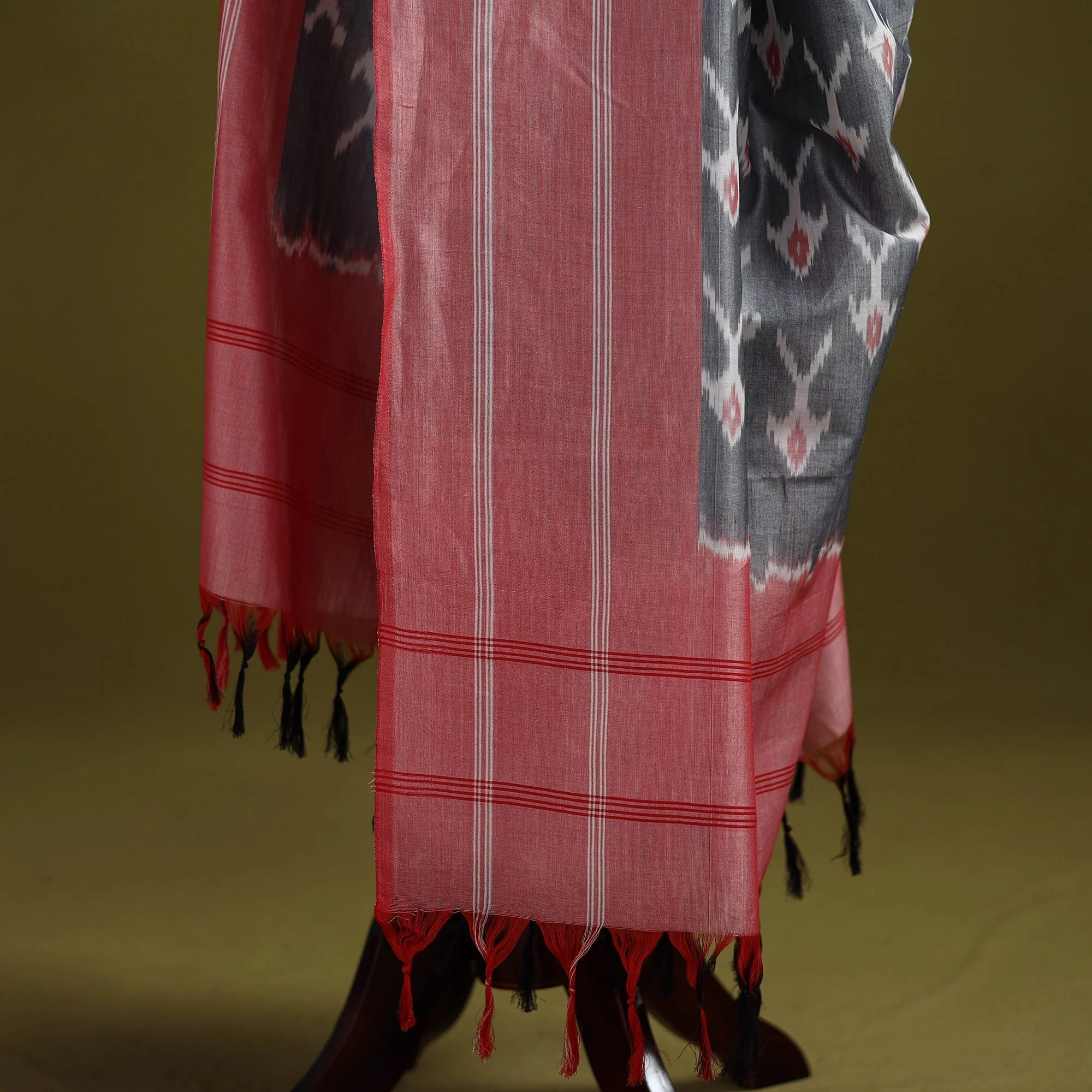 Grey - Handloom Mercerised Cotton Pochampally Ikat Dupatta 13 - Image 4