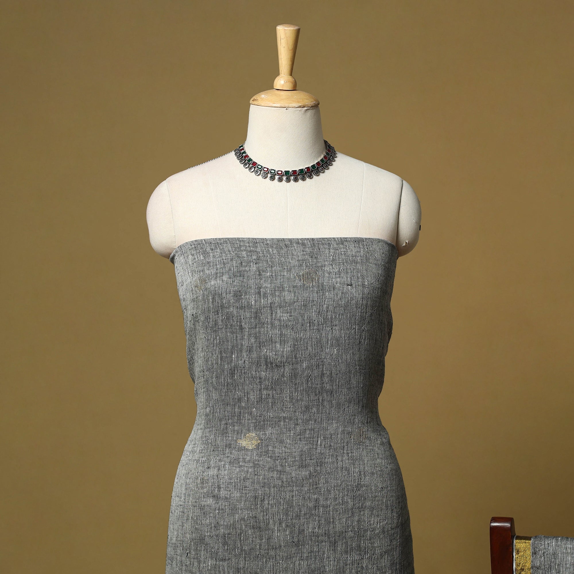 Grey - Handloom Phulia Jamdani Linen Silk 2pc Unstitched Dress Material 09 - Image 3