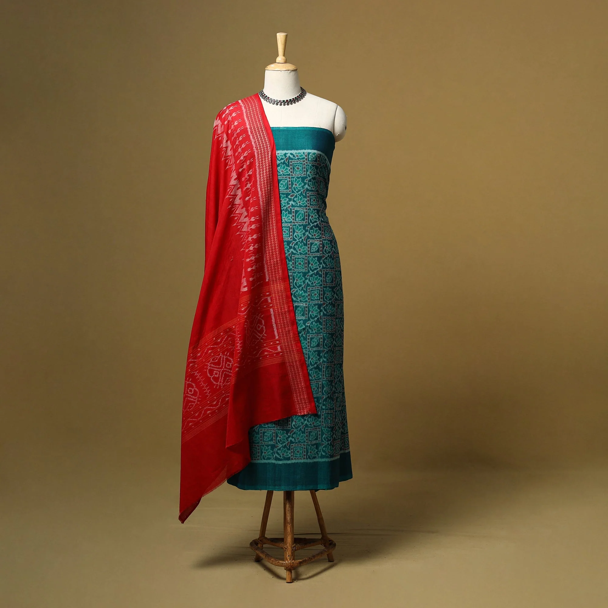 Green - Handloom Sambalpuri Ikat Cotton 3pc Unstitched Dress Material 07 - Image 2