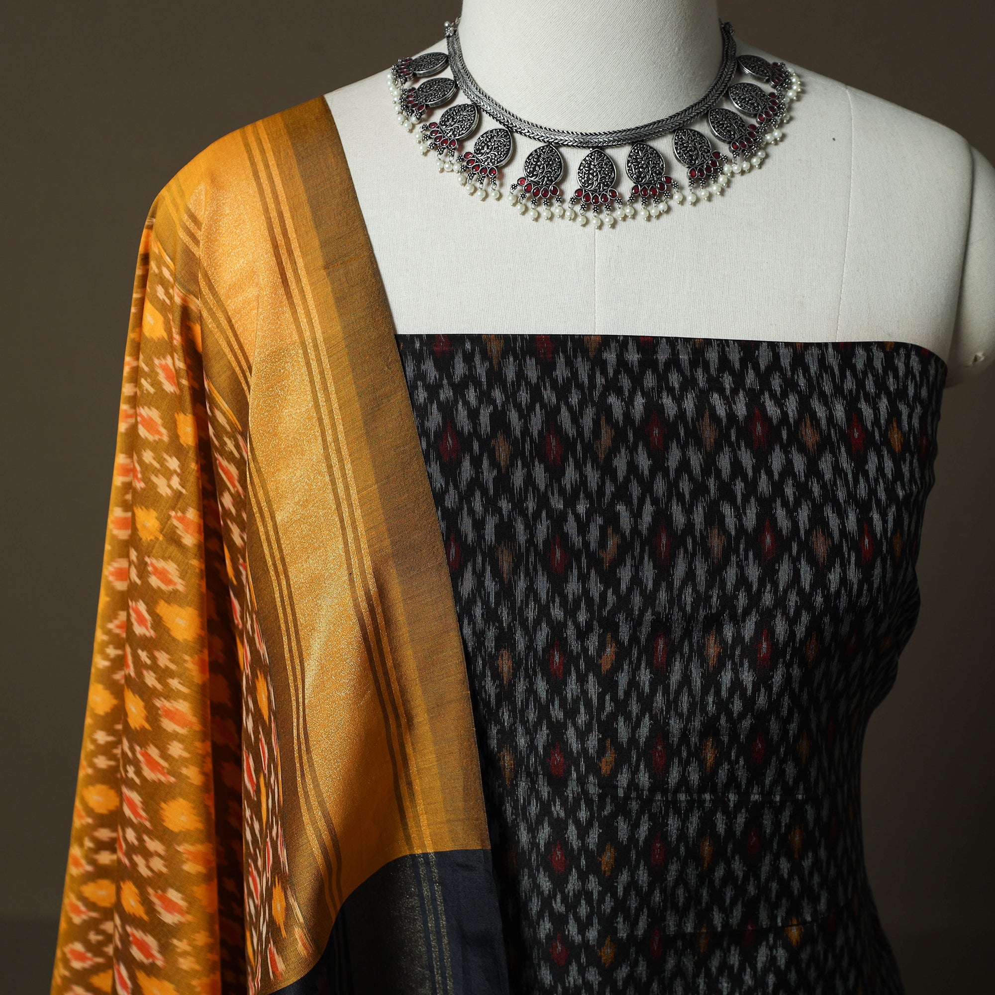 Black - Handloom Sico Pochampally Ikat 2pc Unstitched Dress Material Kurta Set 03 - Image 3