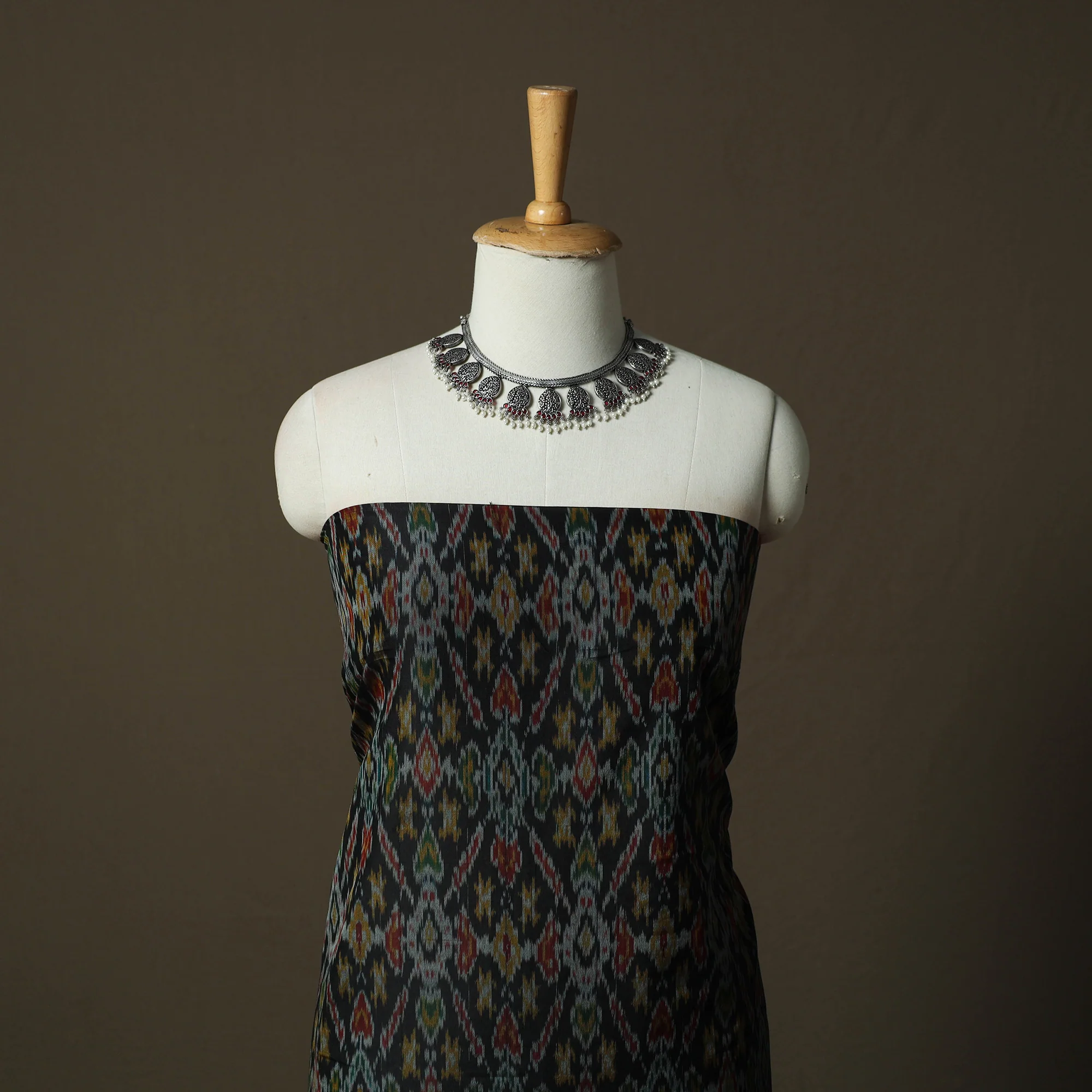 Black - Handloom Sico Pochampally Ikat 2pc Unstitched Dress Material Kurta Set 13 - Image 2