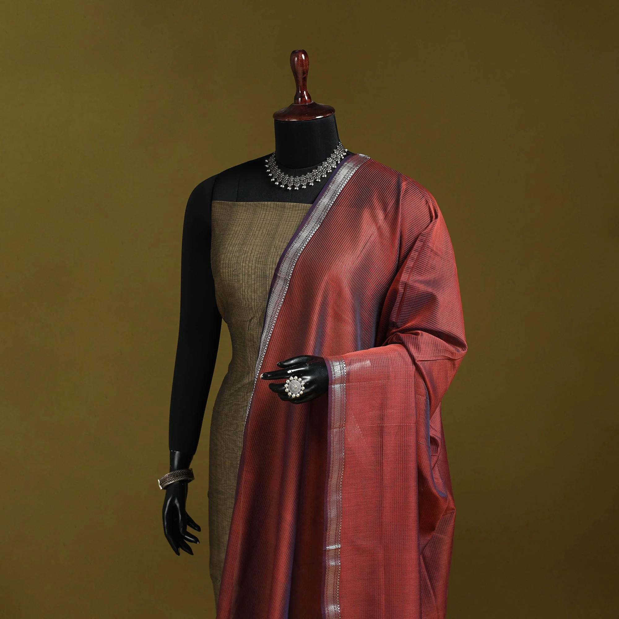 Red - Handloom Silk Cotton Stripes Maheshwari Dupatta with Zari Border 45 - Image 2