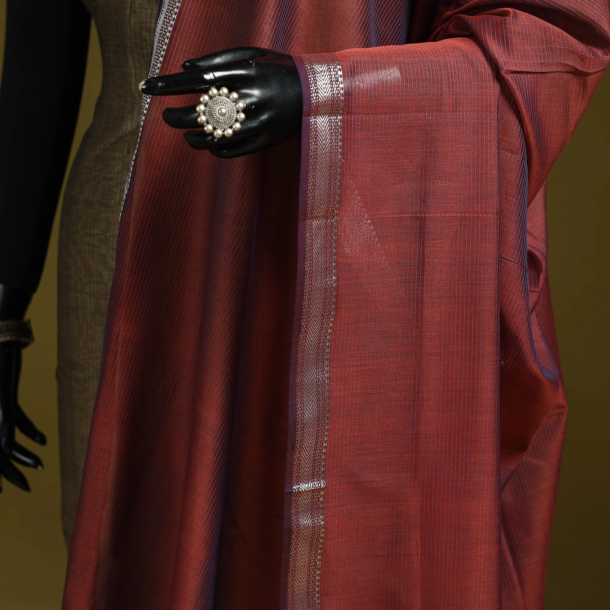 Red - Handloom Silk Cotton Stripes Maheshwari Dupatta with Zari Border 45 - Image 3