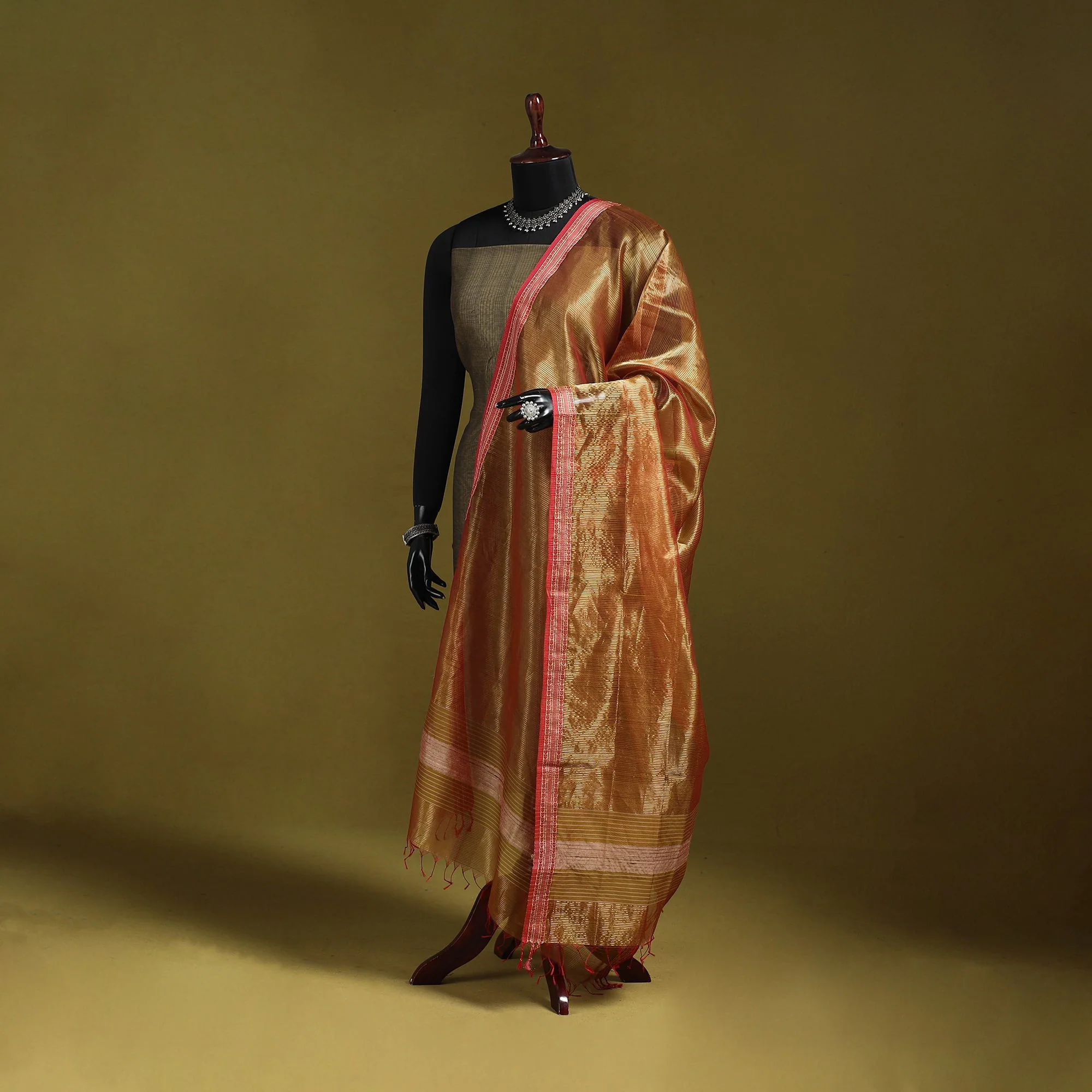 Yellow - Handloom Silk Cotton Tissue Zari Stripes Maheshwari Dupatta with Thread Border 09