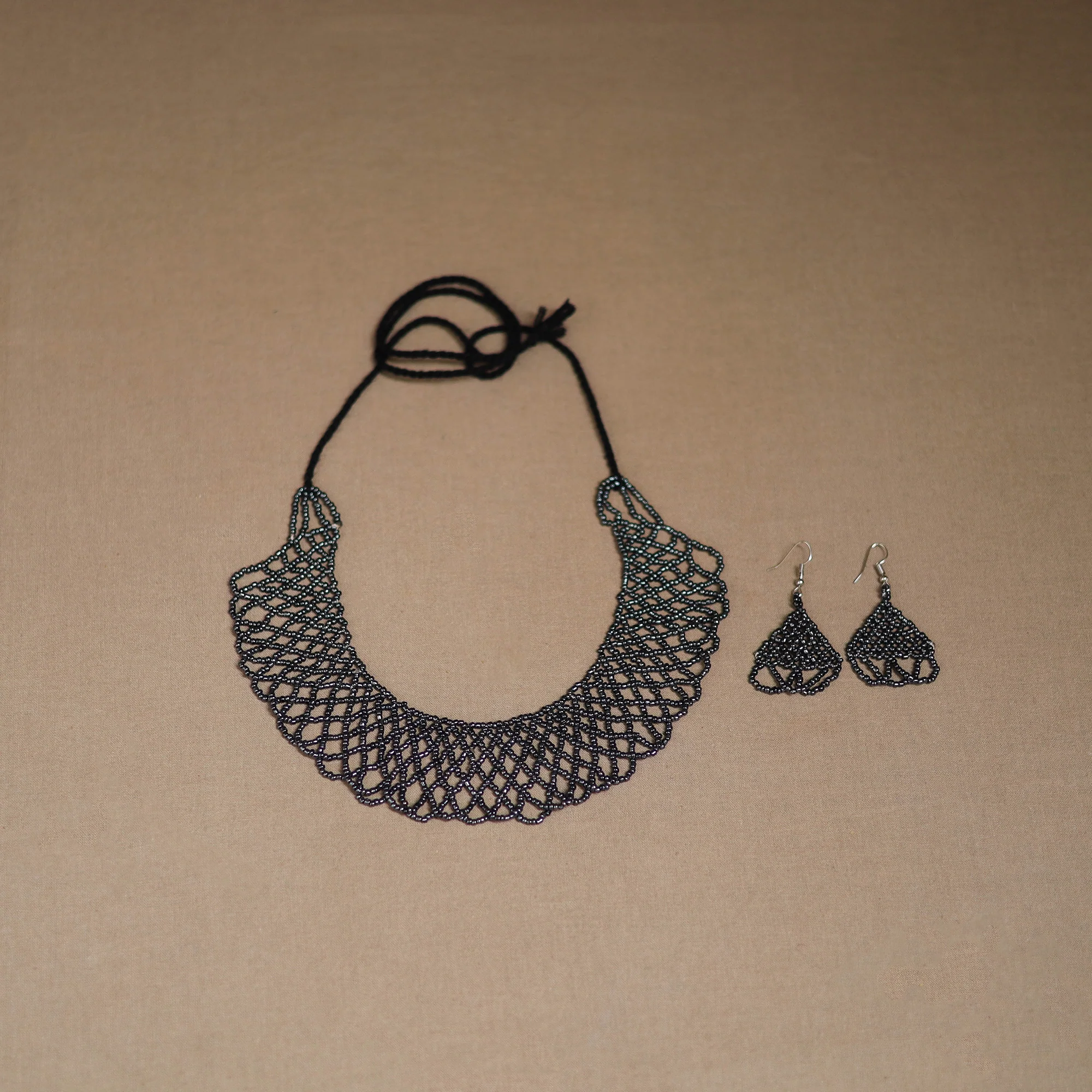Black - Handmade Beadwork Jaali Necklace Set 75 - Image 2