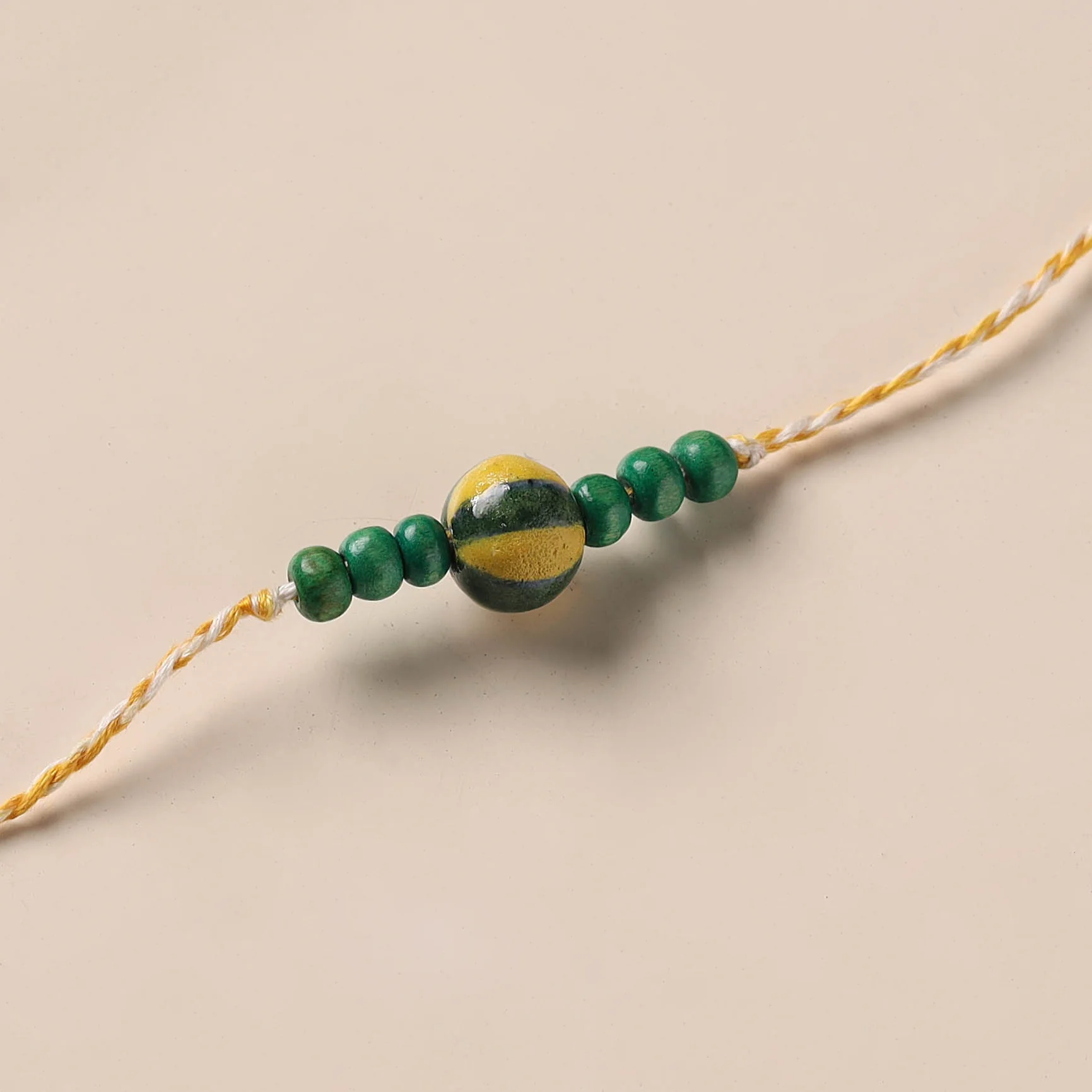 Green - Handmade Blue Pottery & GS Bead Work Rakhi 09 - Image 2