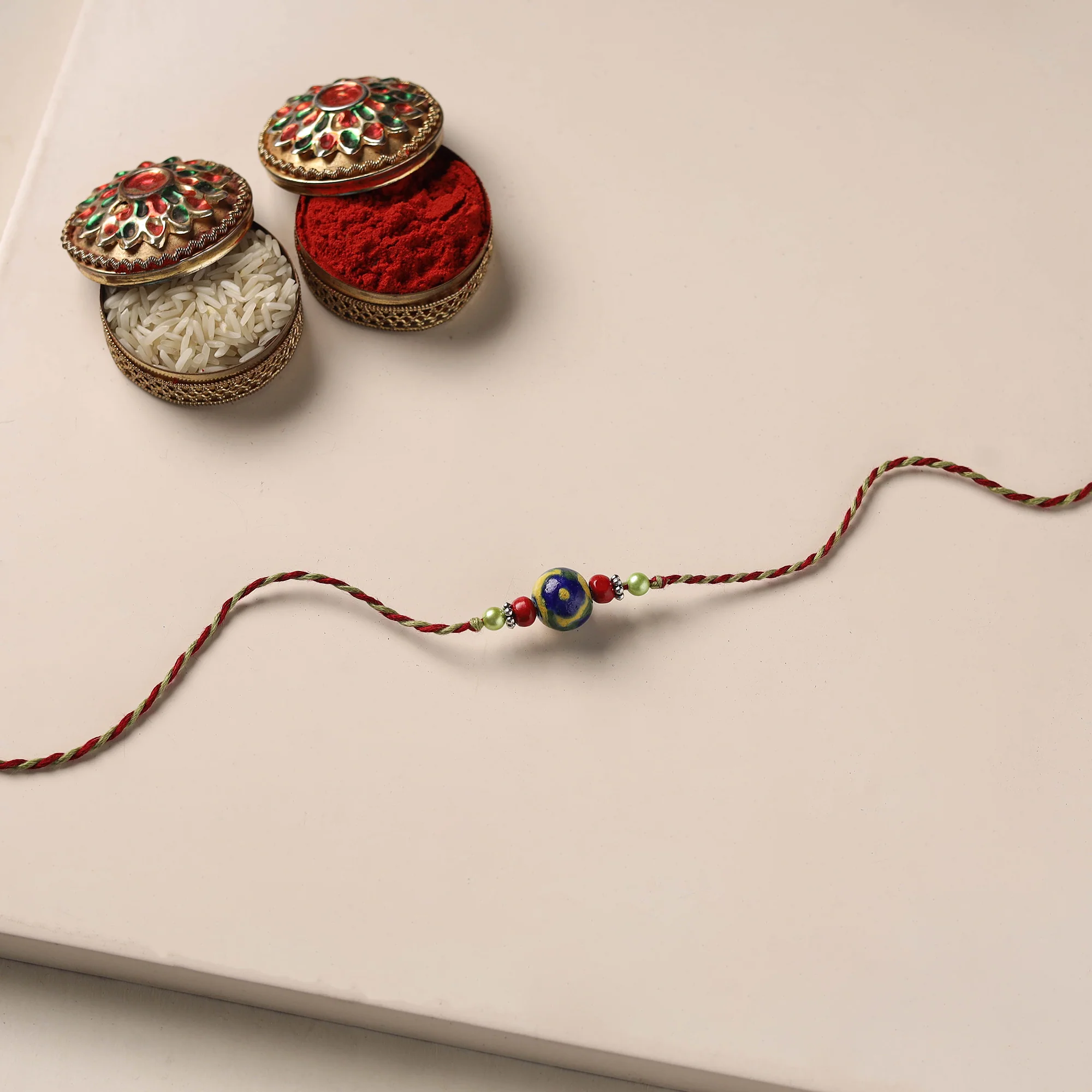 Multicolor - Handmade Blue Pottery & GS Bead Work Rakhi 10