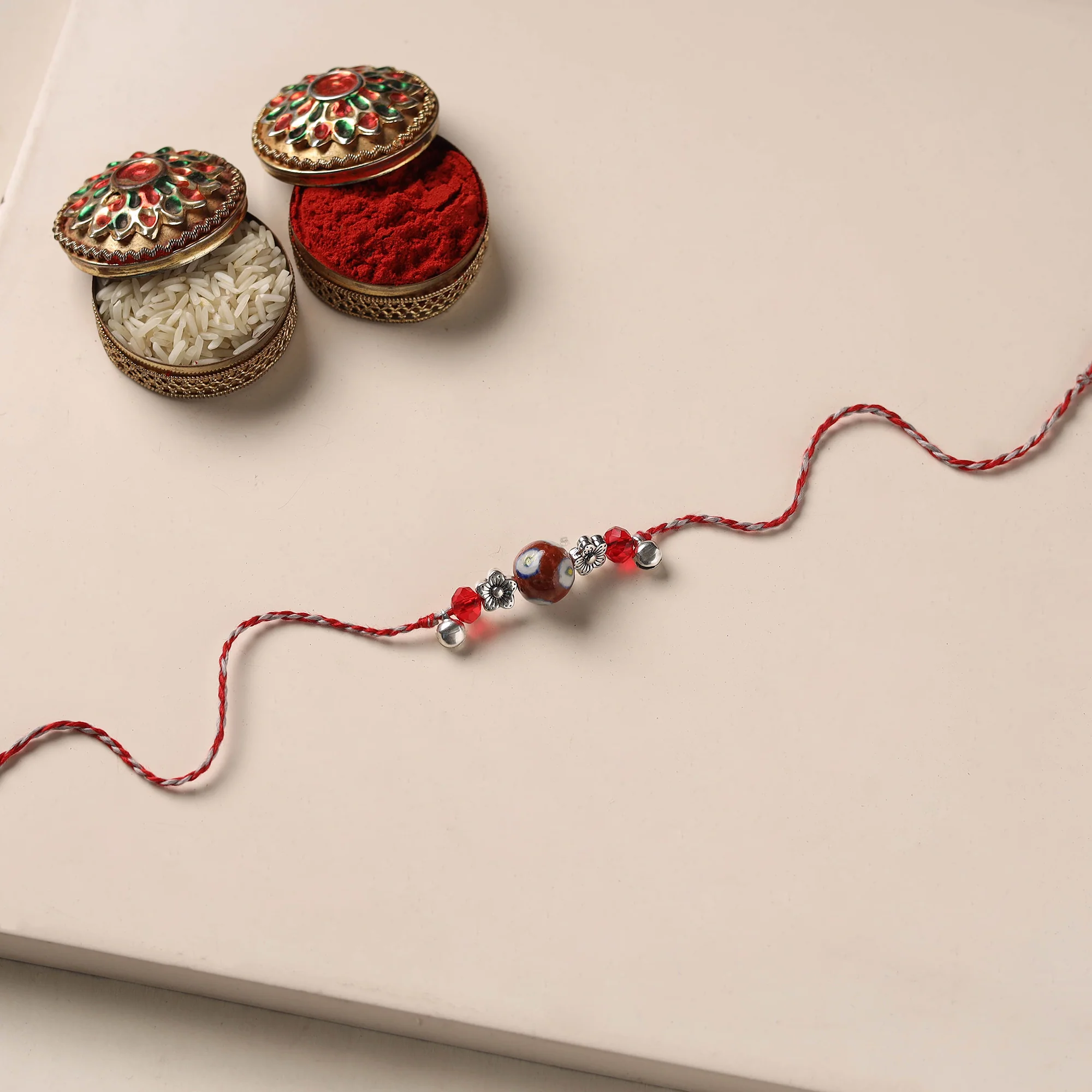 Red - Handmade Blue Pottery & GS Bead Work Rakhi 15