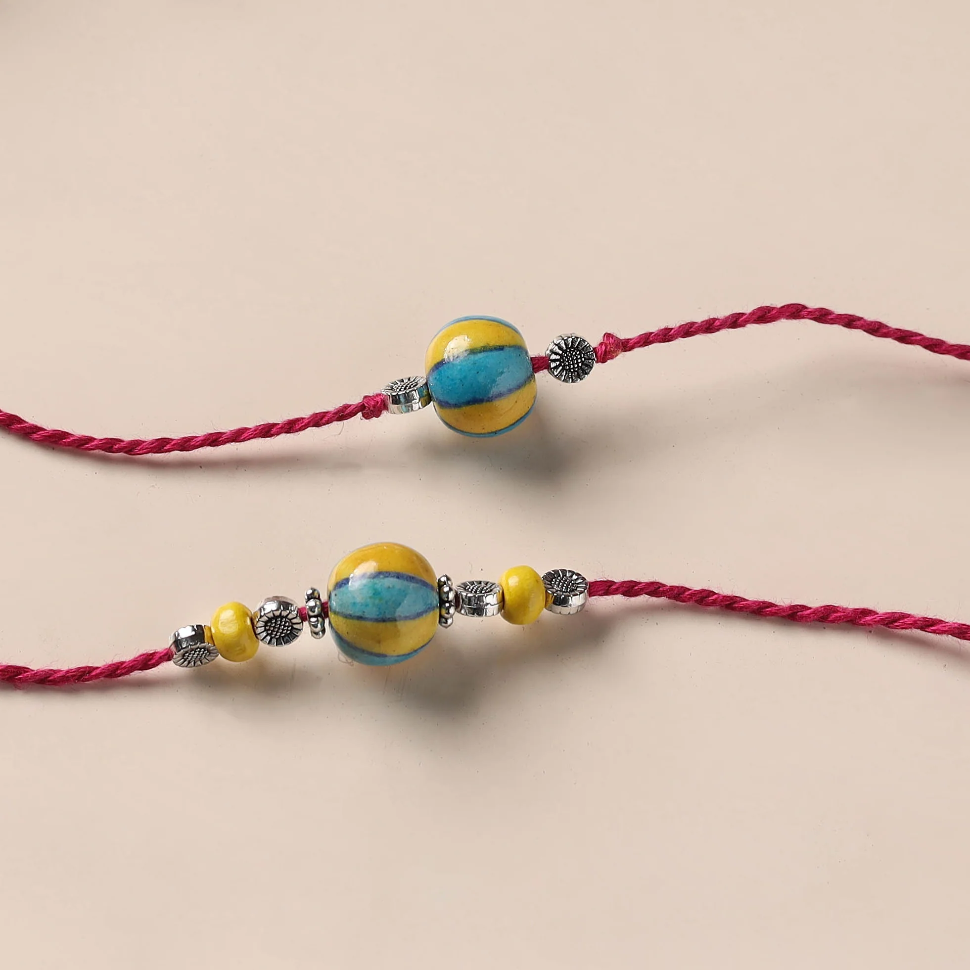 Yellow - Handmade Blue Pottery & GS Bead Work Bhaiya Bhabhi Rakhi Set 21 - Image 2