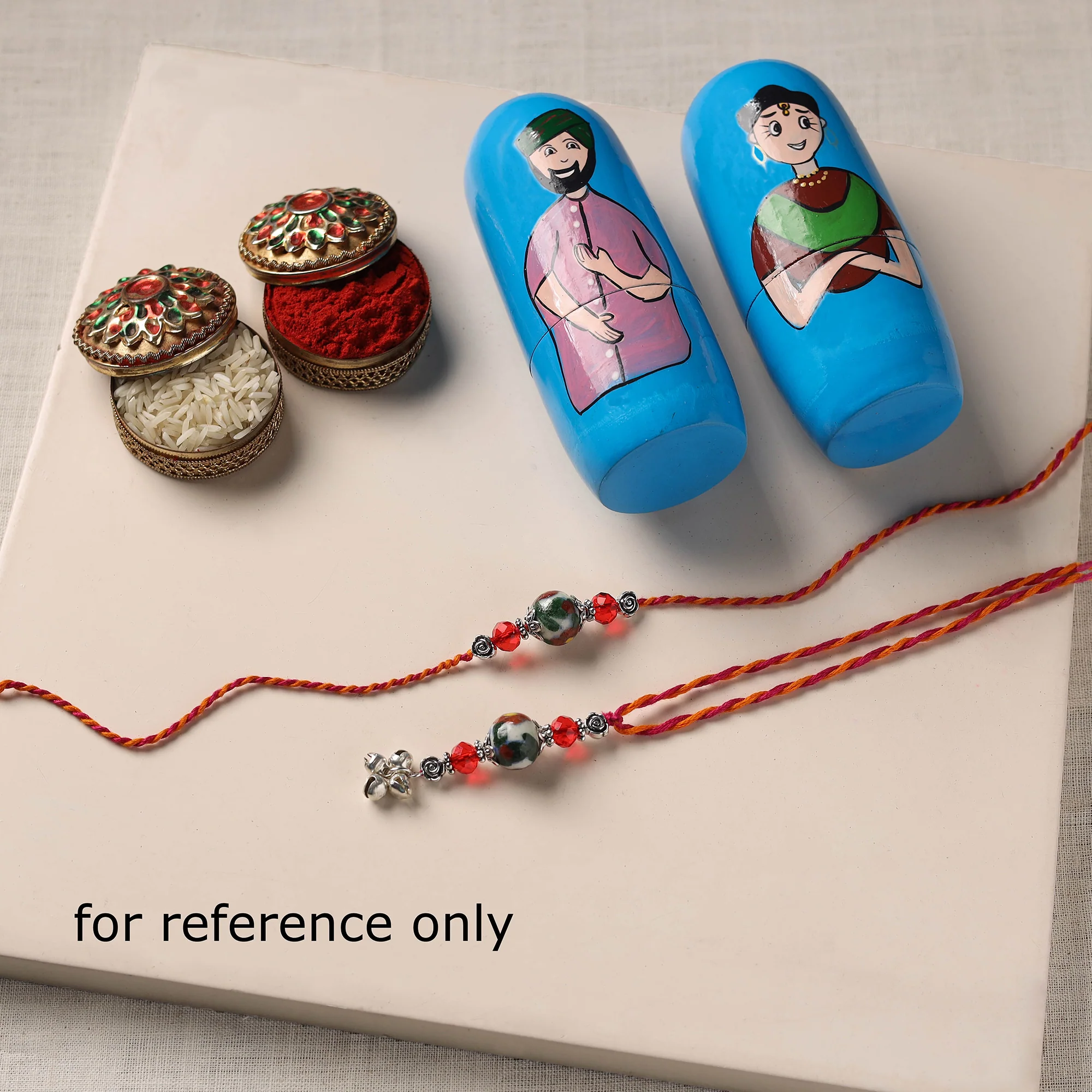 Multicolor - Pearls Handmade Blue Pottery & GS Bead Work Bhaiya Bhabhi Rakhi Set 28 - Image 3