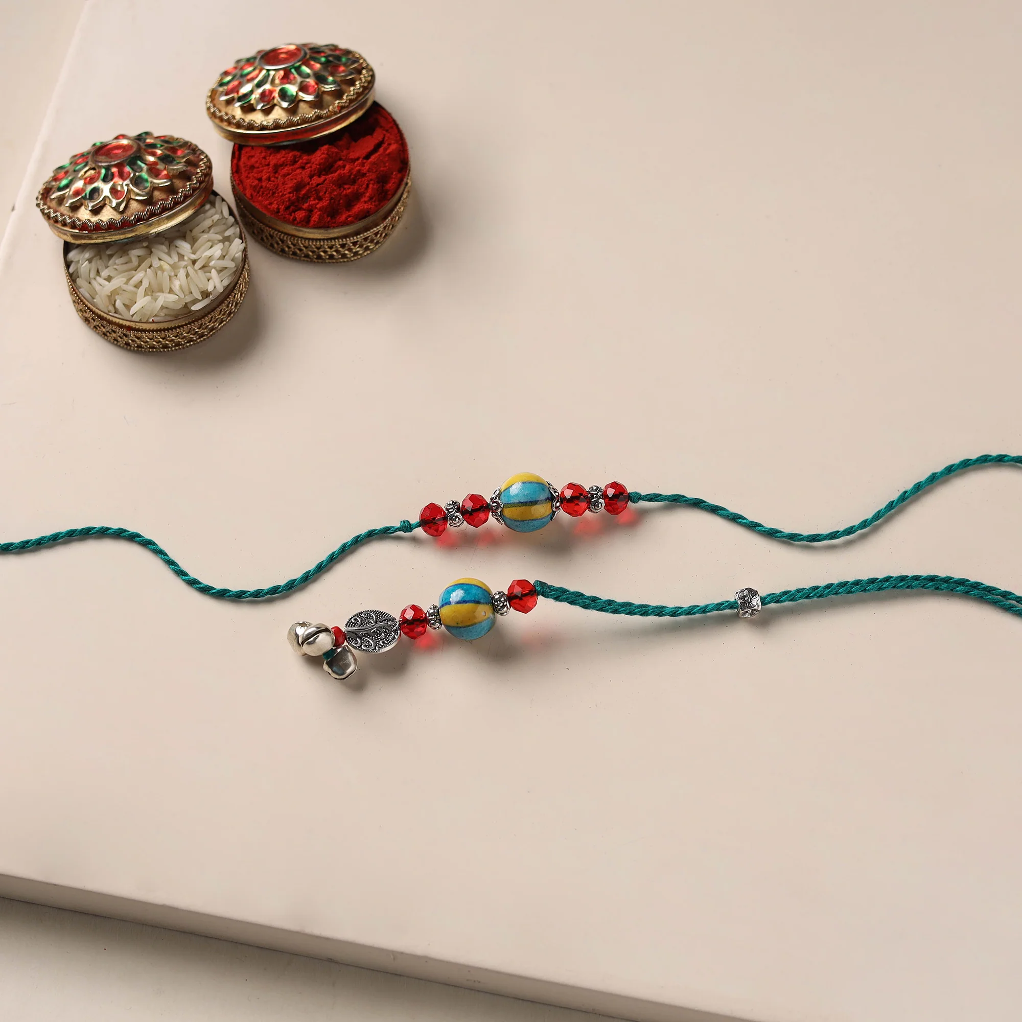 Multicolor - Handmade Blue Pottery & GS Bead Work Rakhi Lumba Set 32
