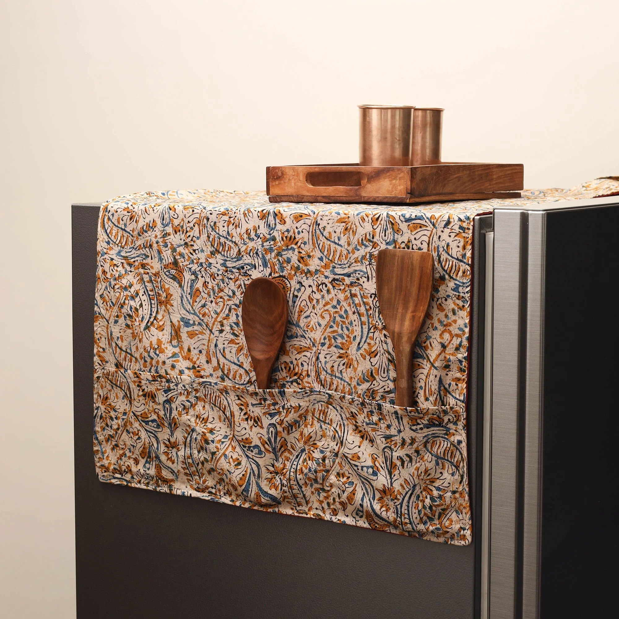 Beige - Handmade Fridge Top Cover with Multiple Pockets 05