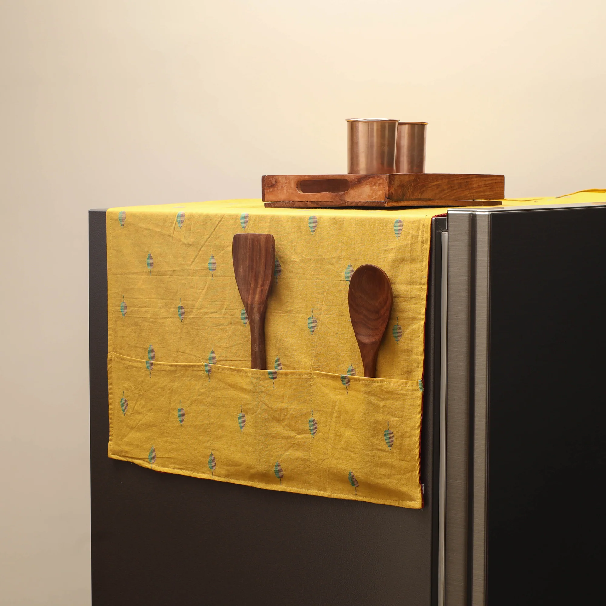Yellow - Handmade Fridge Top Cover with Multiple Pockets 07