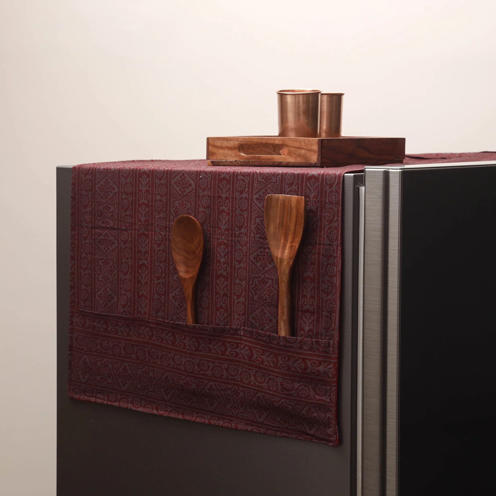 Maroon - Handmade Fridge Top Cover with Multiple Pockets 108