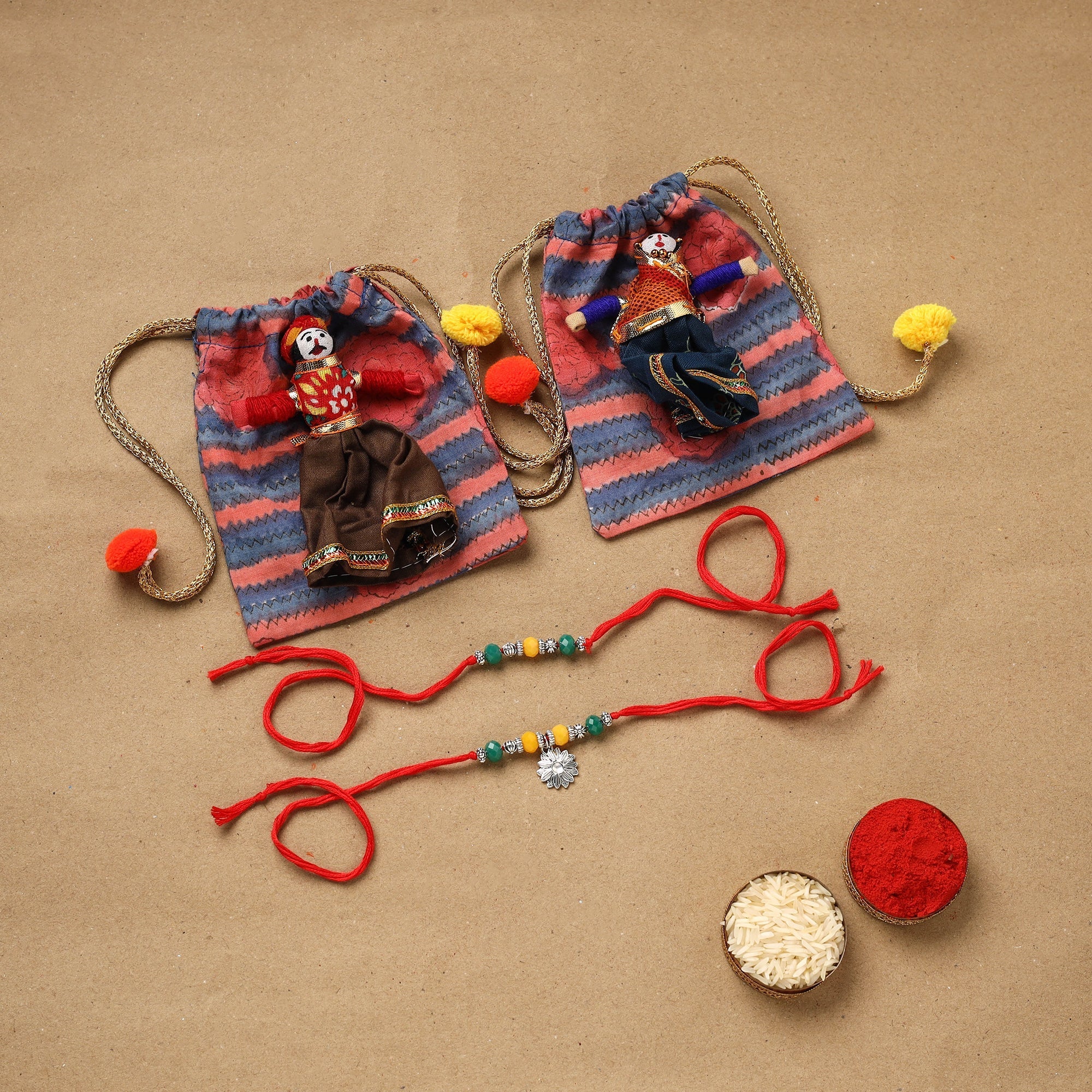 Flower - Handmade German Silver Beads Bhaiya Bhabhi Rakhi Set 195