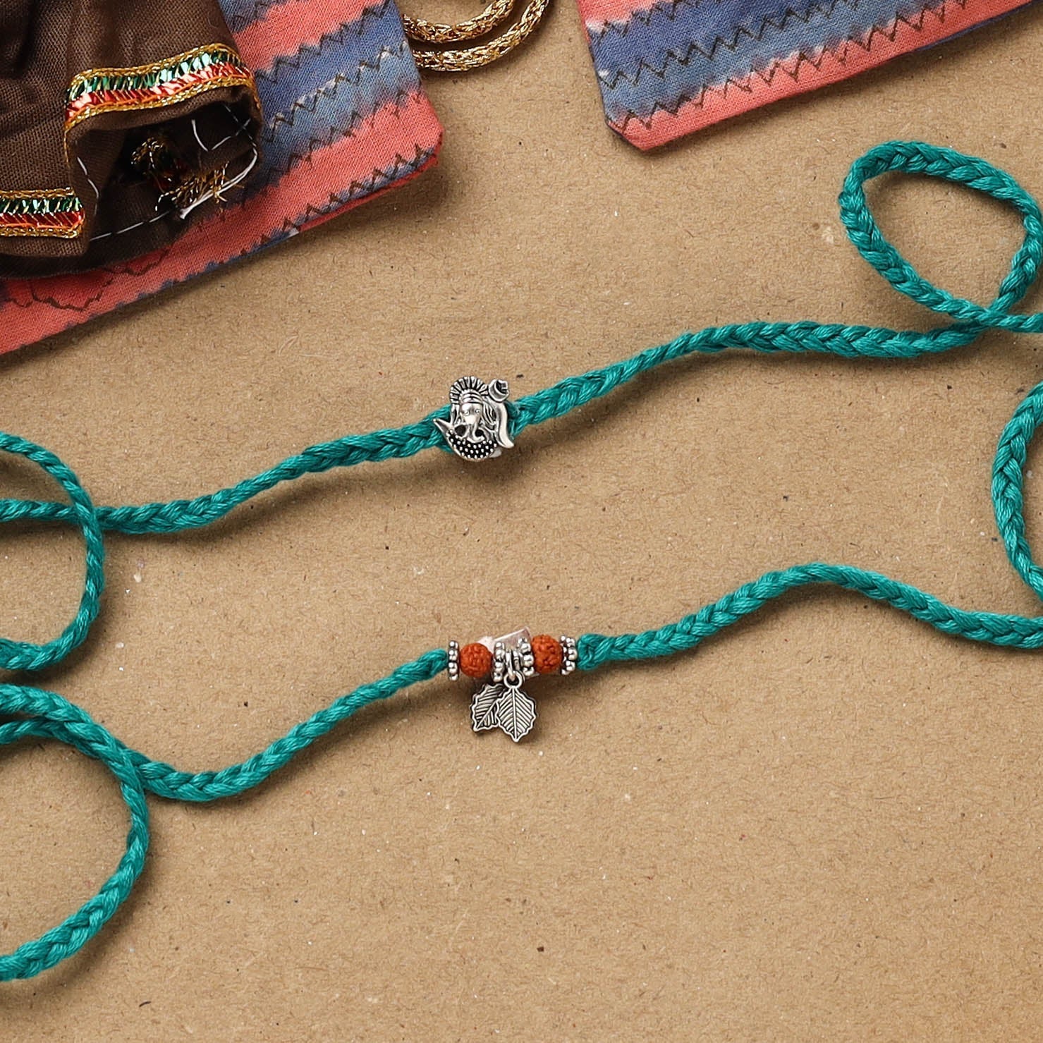 Ganesha - Handmade German Silver Rudraksh Work Bhaiya Bhabhi Rakhi Set 188 - Image 2