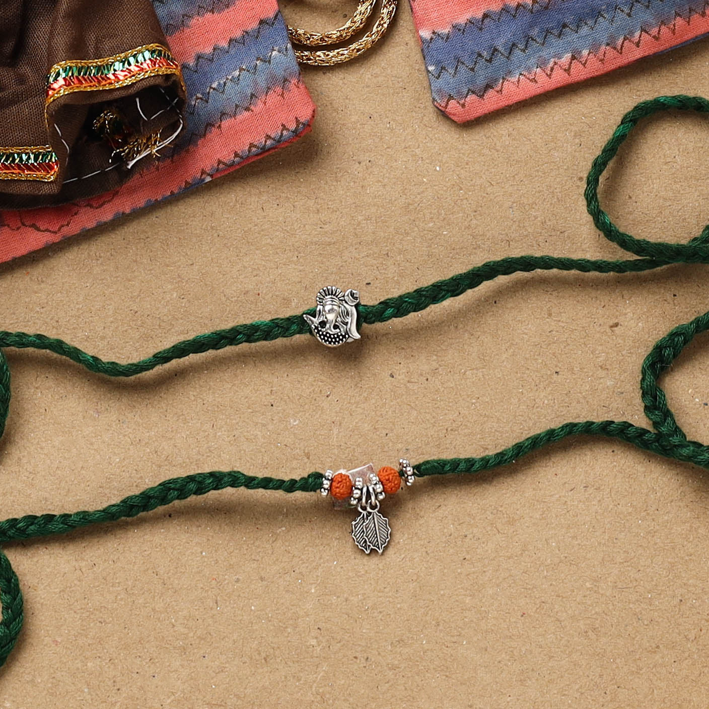 Ganesh Ji - Handmade German Silver Rudraksh Work Bhaiya Bhabhi Rakhi Set 190 - Image 2