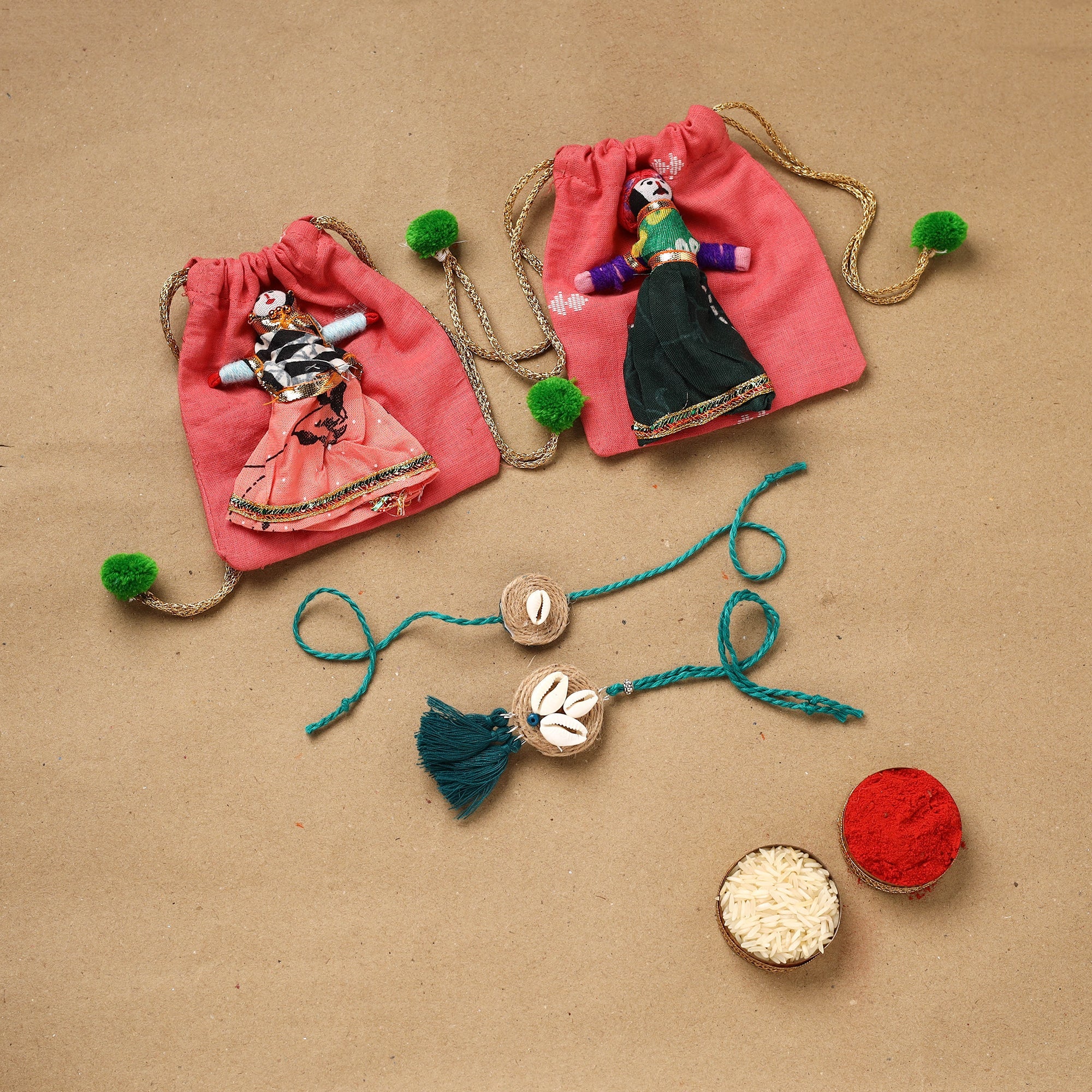 Flower - Handmade Jute Shell Work Rakhi & Lumba Set 104