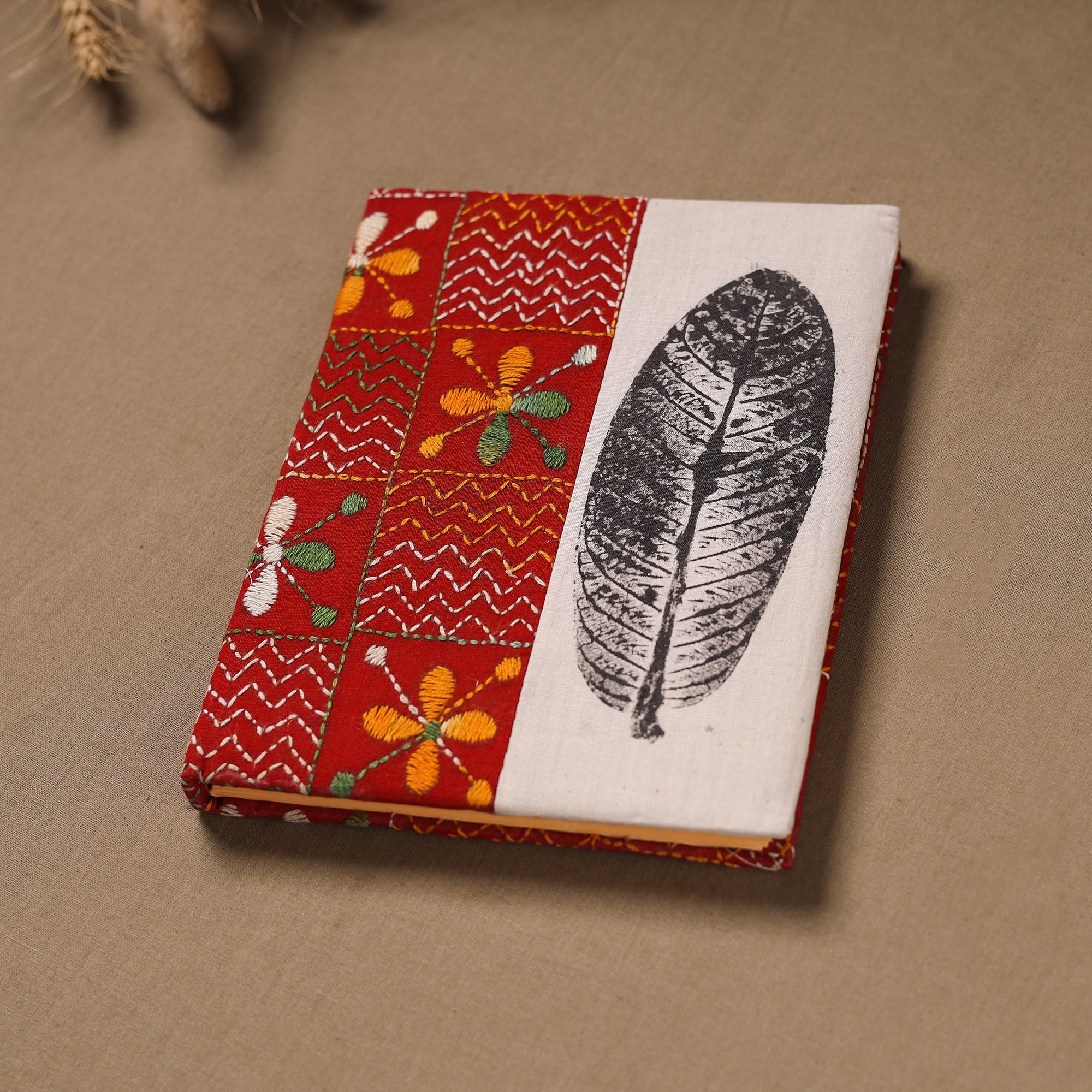 Multi colour - Handmade Paper Notebook with Eco Leaf Print Kantha Work 11 - Image 2