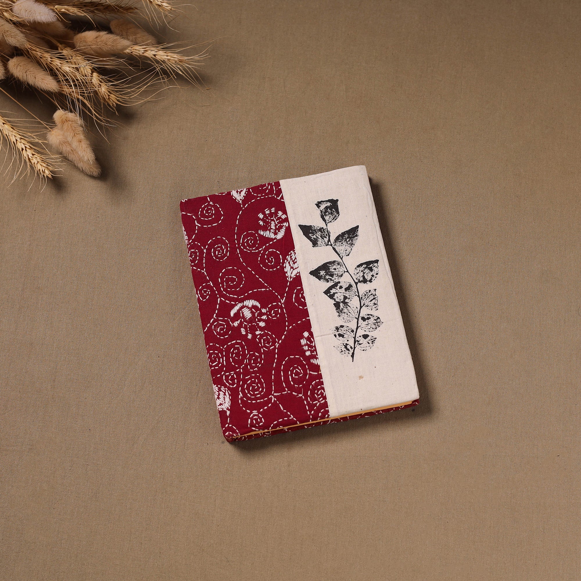 Maroon - Handmade Paper Notebook with Eco Leaf Print Kantha Work 14