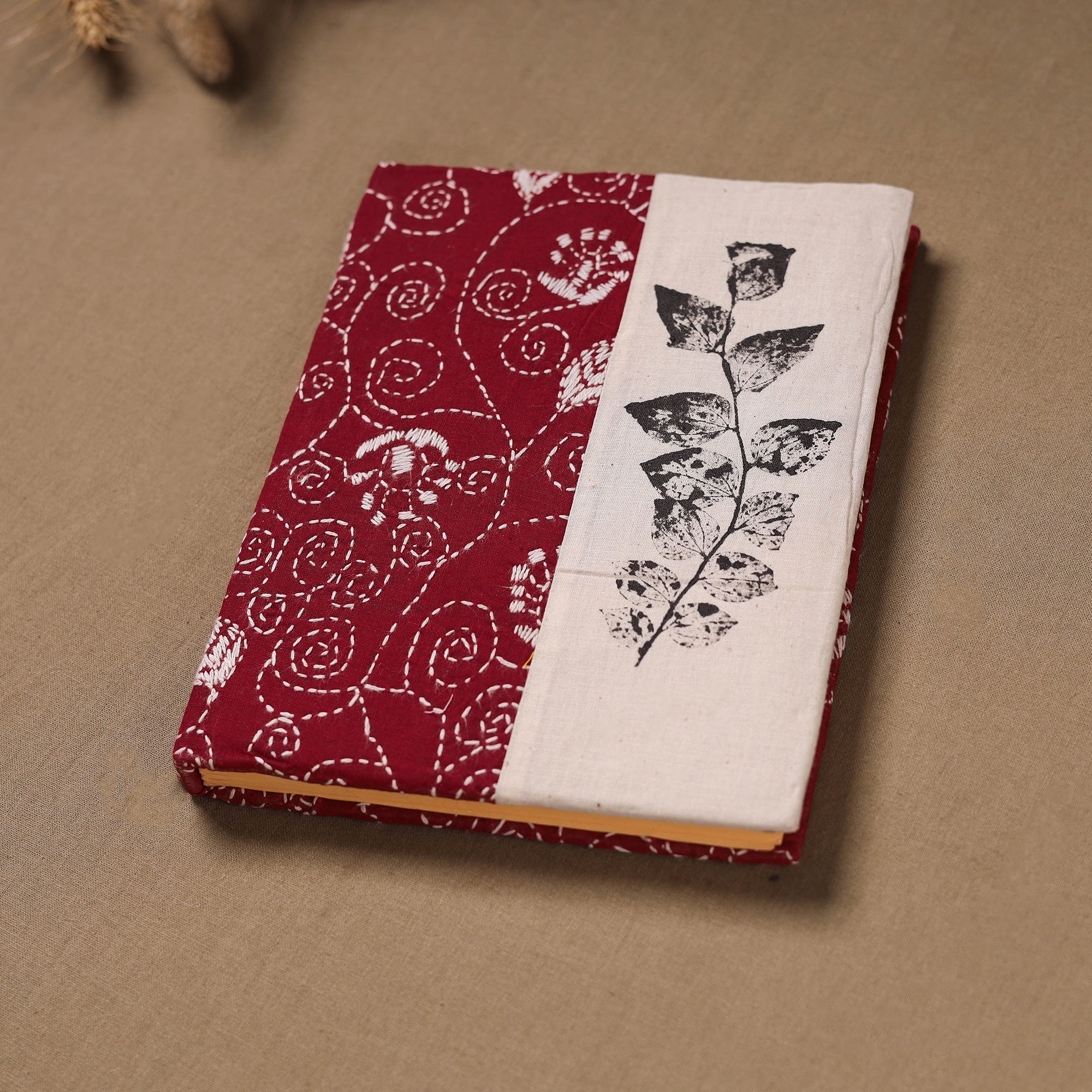 Maroon - Handmade Paper Notebook with Eco Leaf Print Kantha Work 14 - Image 2