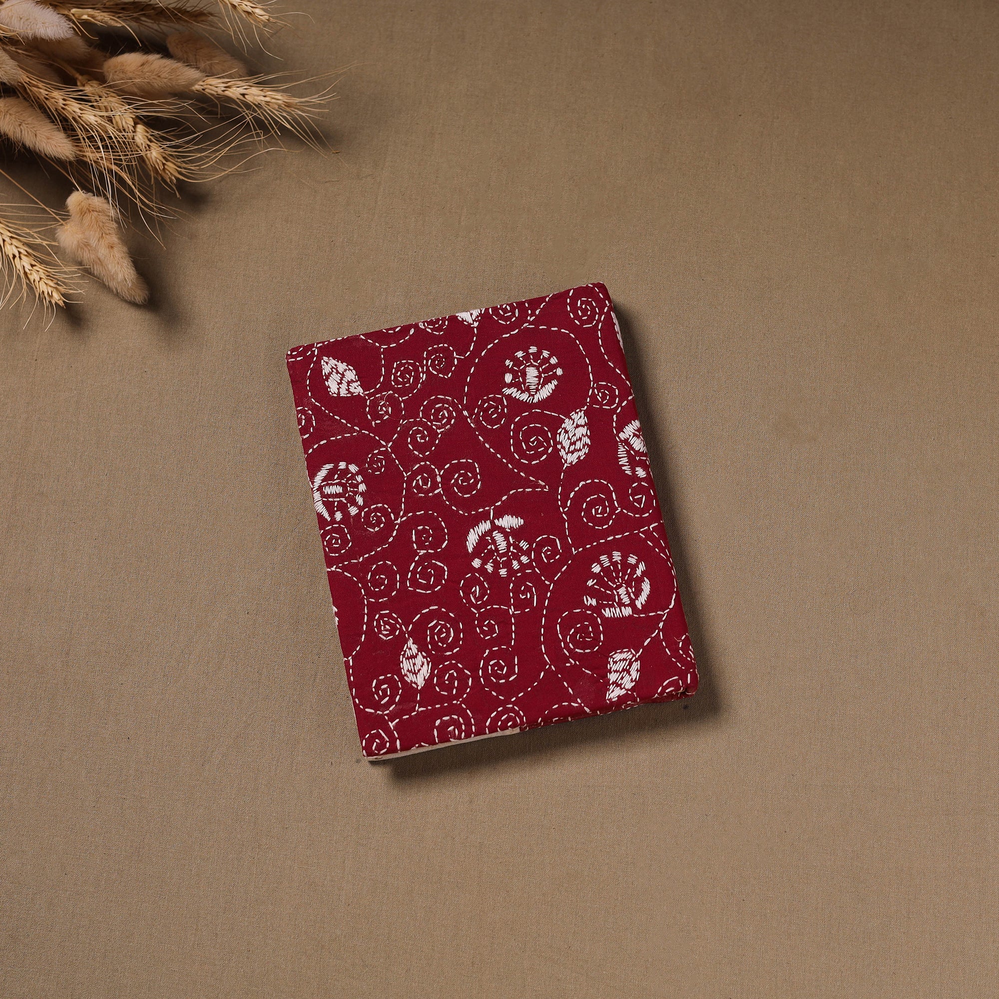 Maroon - Handmade Paper Notebook with Eco Leaf Print Kantha Work 14 - Image 3