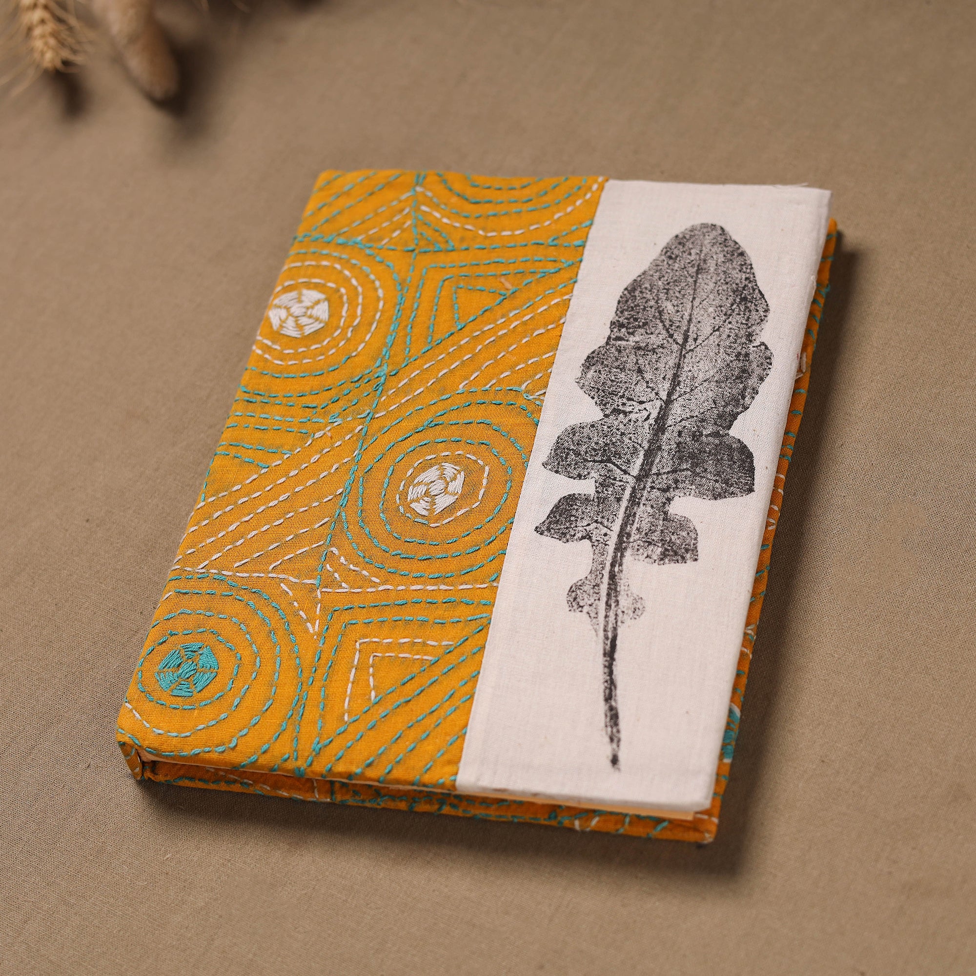 Yellow - Handmade Paper Notebook with Eco Leaf Print Kantha Work 19 - Image 2