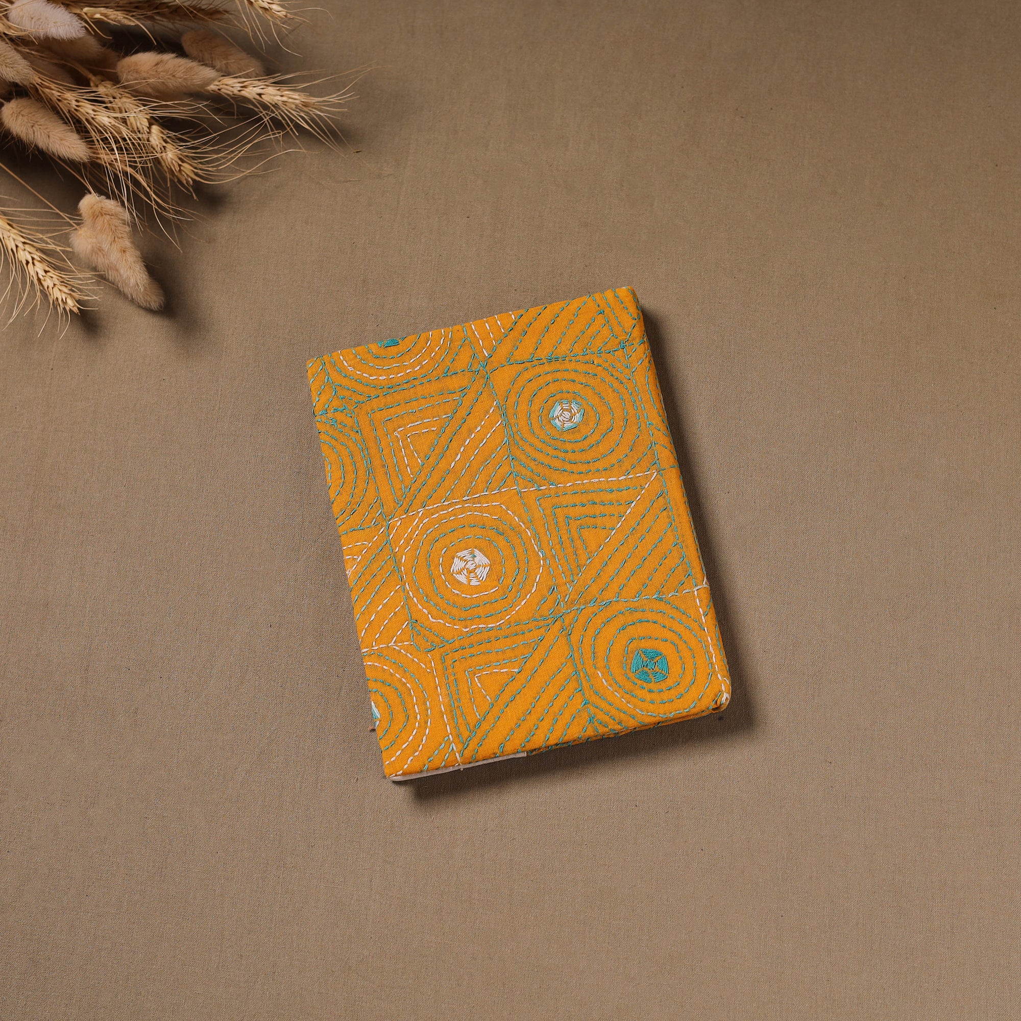Yellow - Handmade Paper Notebook with Eco Leaf Print Kantha Work 19 - Image 3