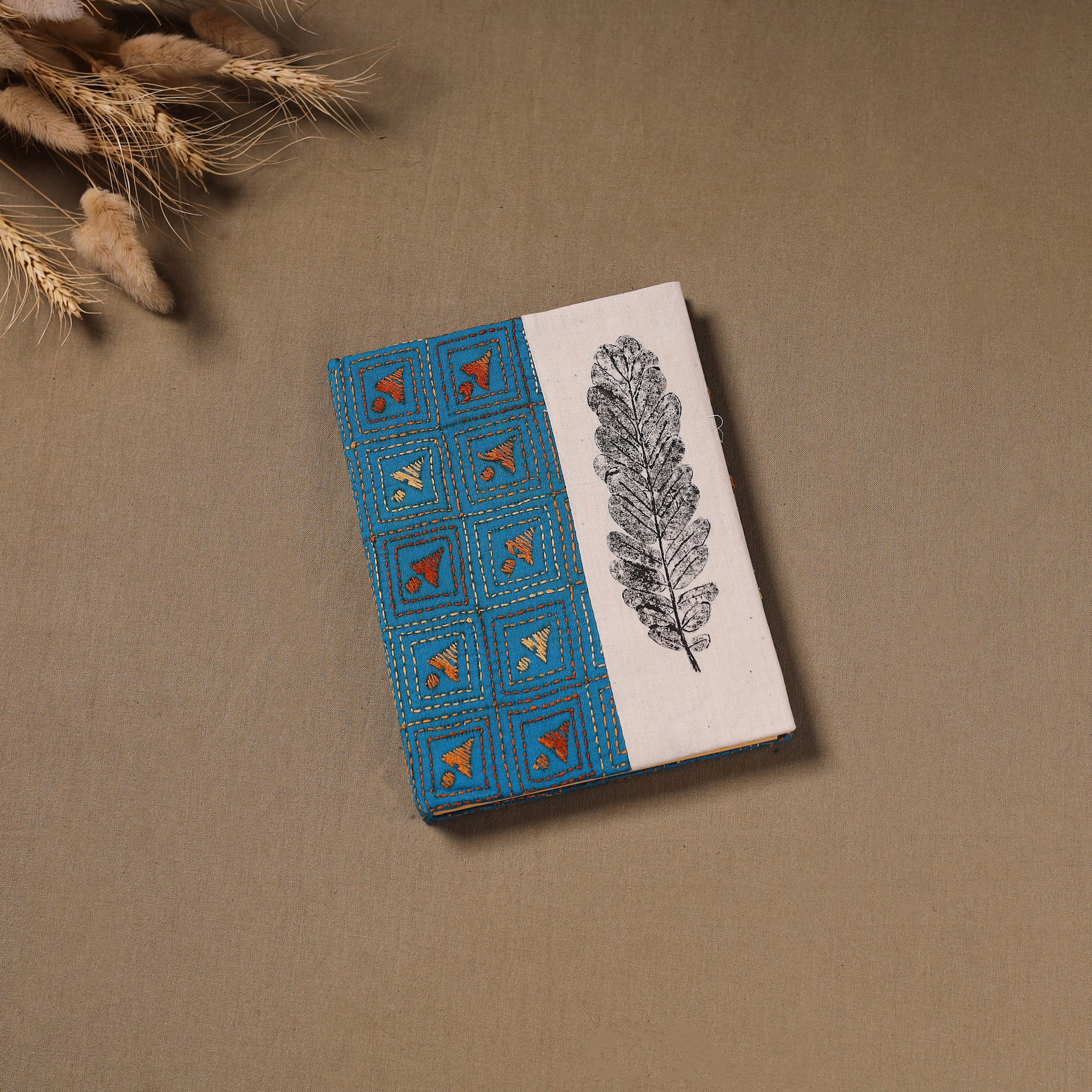 Blue - Handmade Paper Notebook with Eco Leaf Print Kantha Work 21