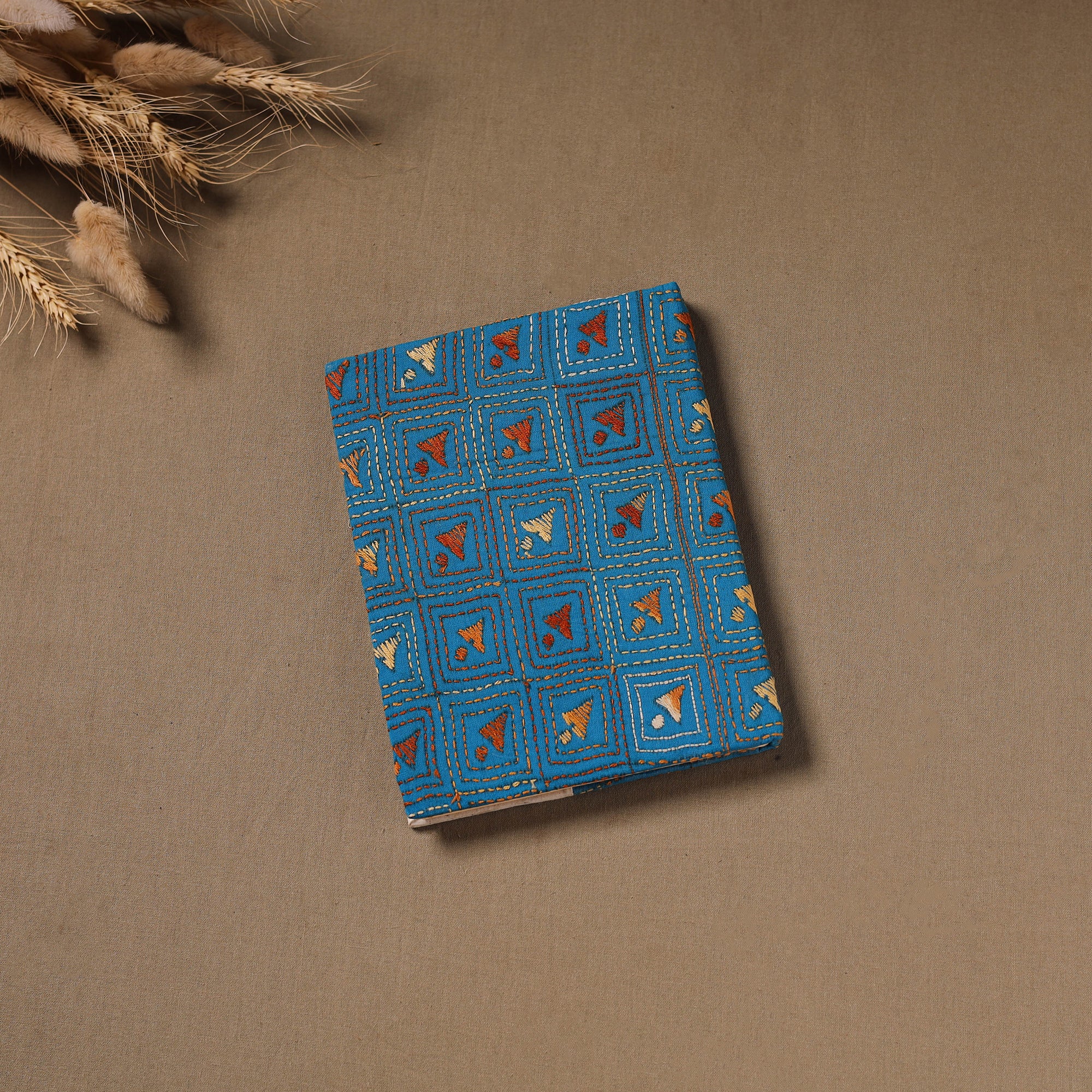Blue - Handmade Paper Notebook with Eco Leaf Print Kantha Work 21 - Image 3