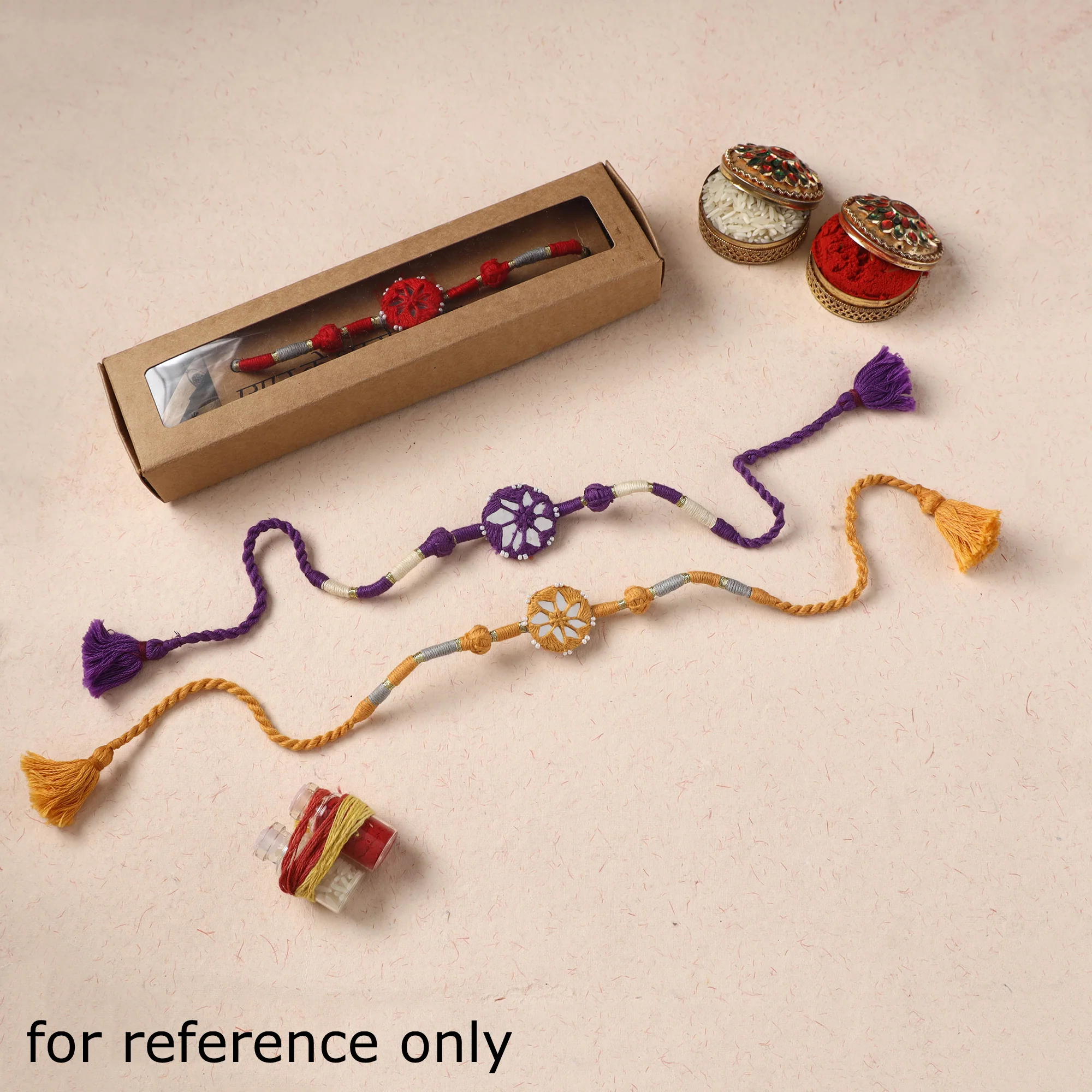 Flower - Handmade Patwa Thread & Mirror Work Rakhi 04 - Image 3