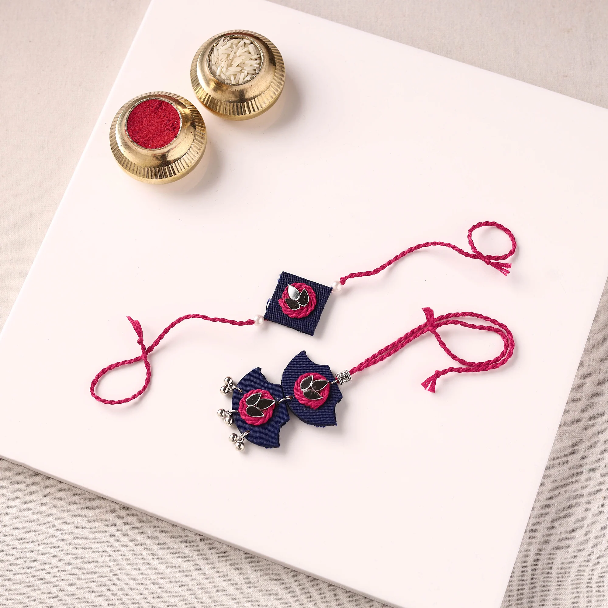 Handmade Thread & Mirror Work Fabart Rakhi with Lumba Set 17