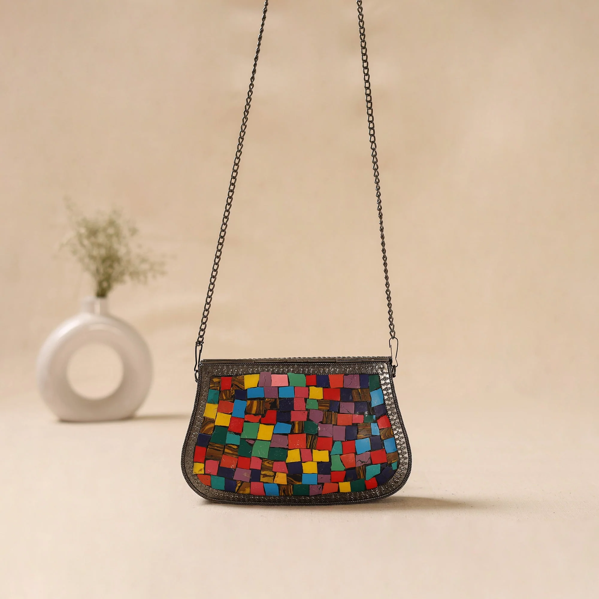 Handmade Vintage Metal Mosaic Stone Clutch / Sling Bag 04 - Image 4